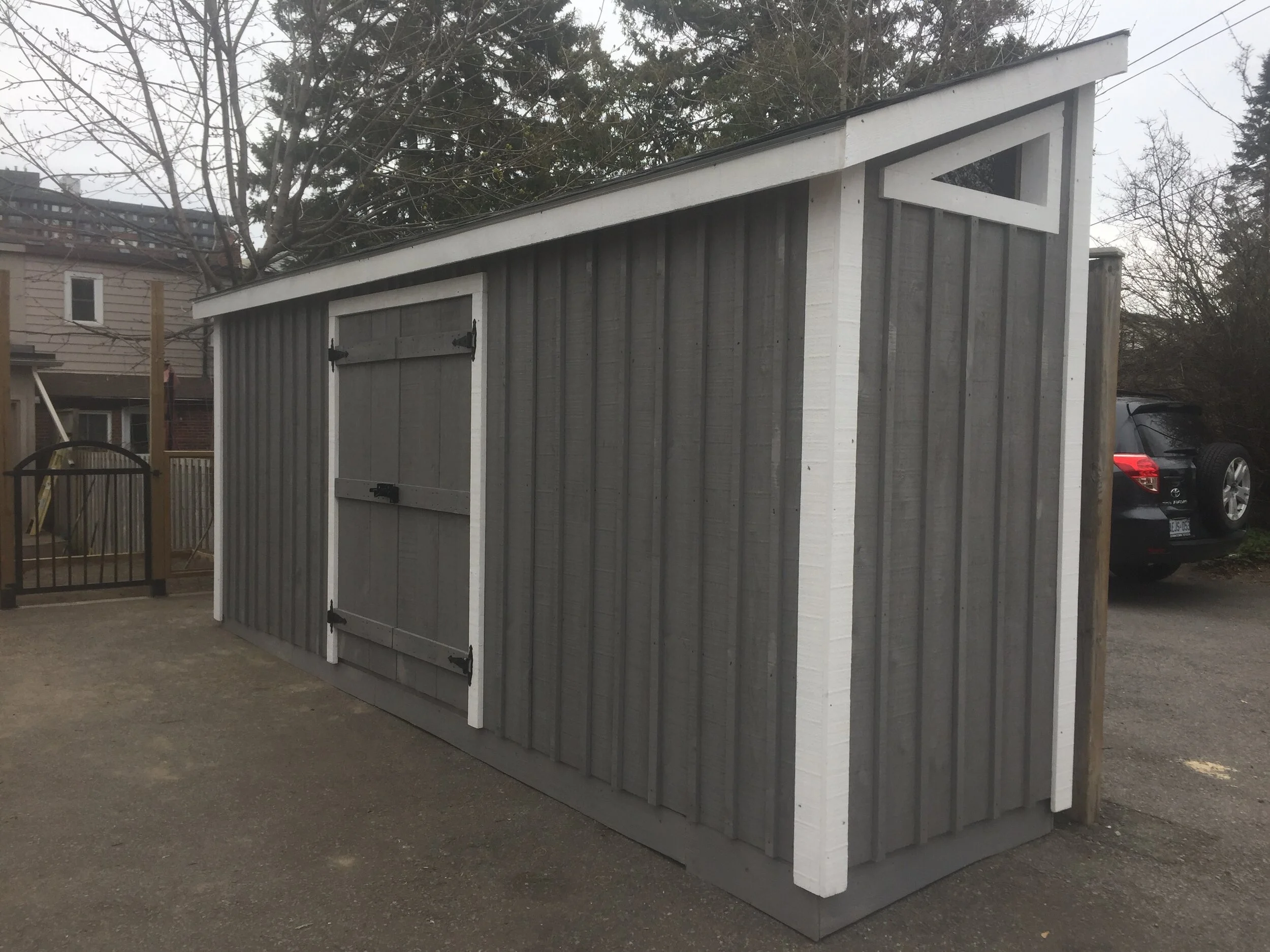 Shed:   
4x16 Lean-To (82" Eave) $4778  
 Options:   
Board & Batten $239  
Custom Stain $195 
Change Single Door to Double $175 
 Total: $5387
