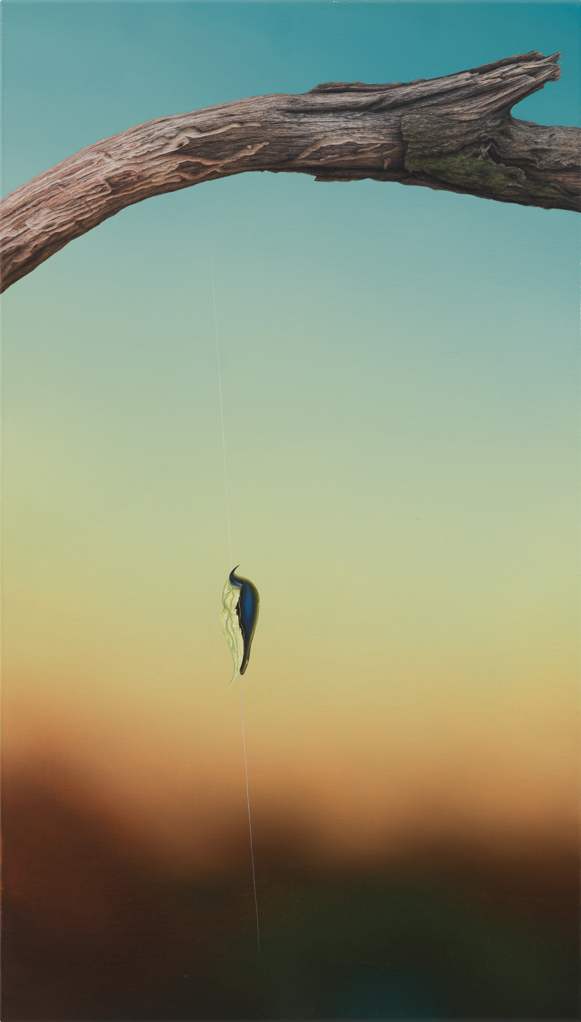 highly detailed, realistic oil painting by artist John Kleckner depicting a stick near the upper edge of the canvas, with a very thin thread runing to the bottom edge, and a strange Surreal pupae or shell-like image seemingly dangling from thread.