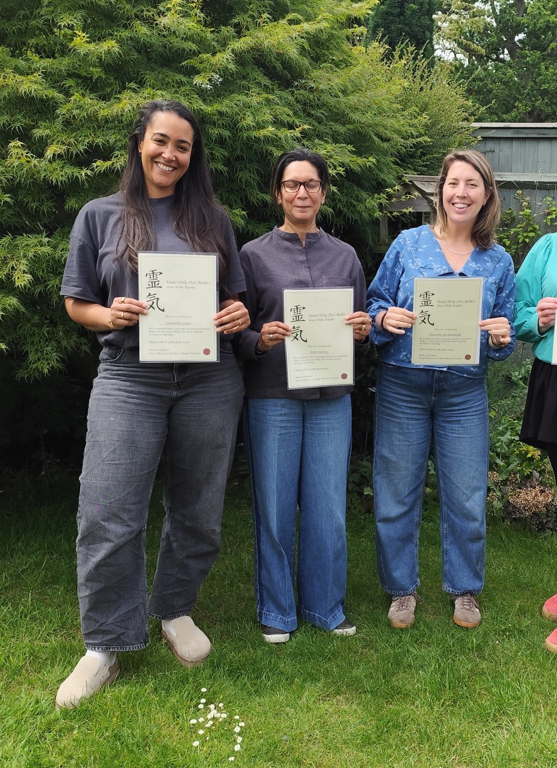 Small group Reiki Level 1 course graduates with certificates, Sonning Common Oxfordshire.