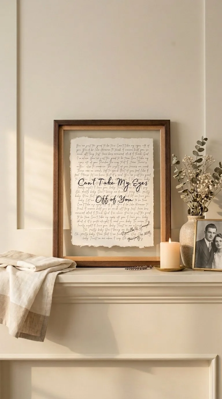 First dance song lyrics on cotton paper in a walnut float frame on a console table with candles and vintage photo - anniversary gift