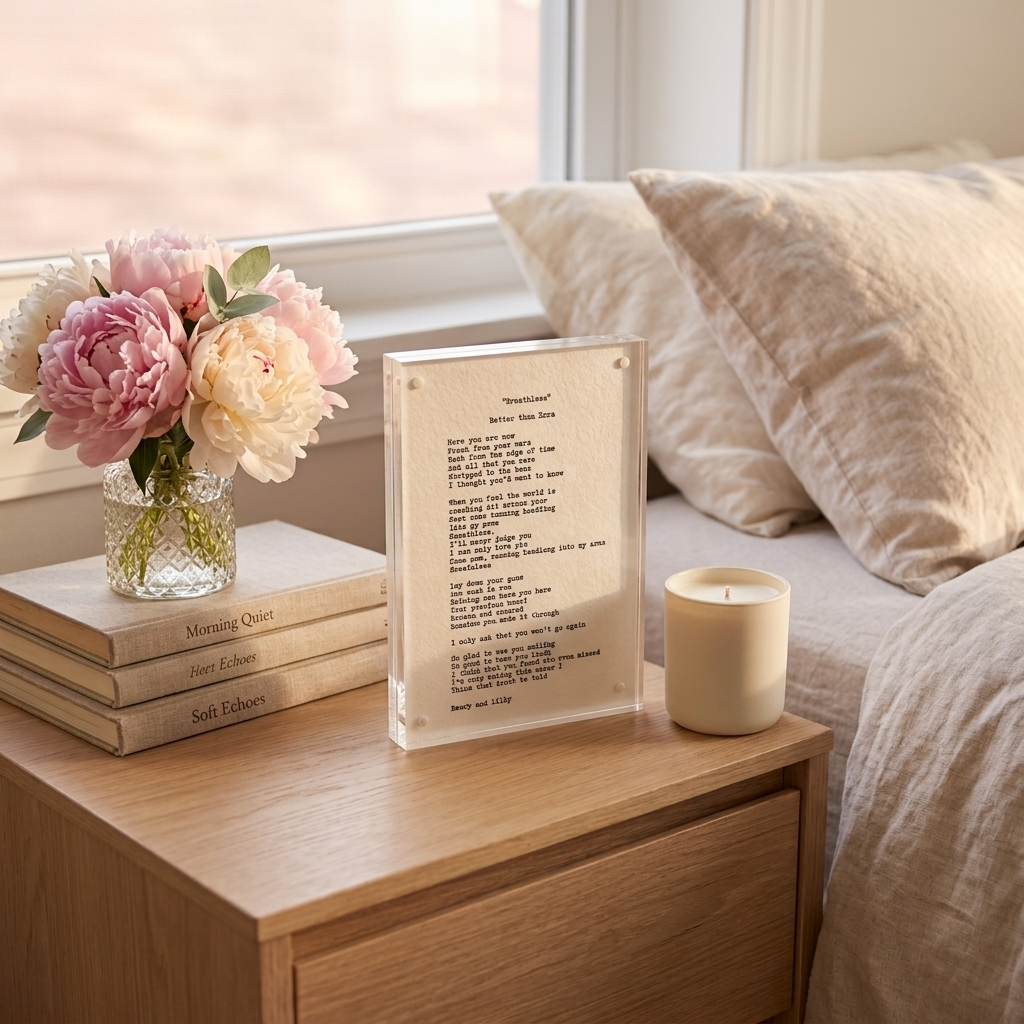 Hand typed personal note on cotton paper on a bedside table with peonies and a candle