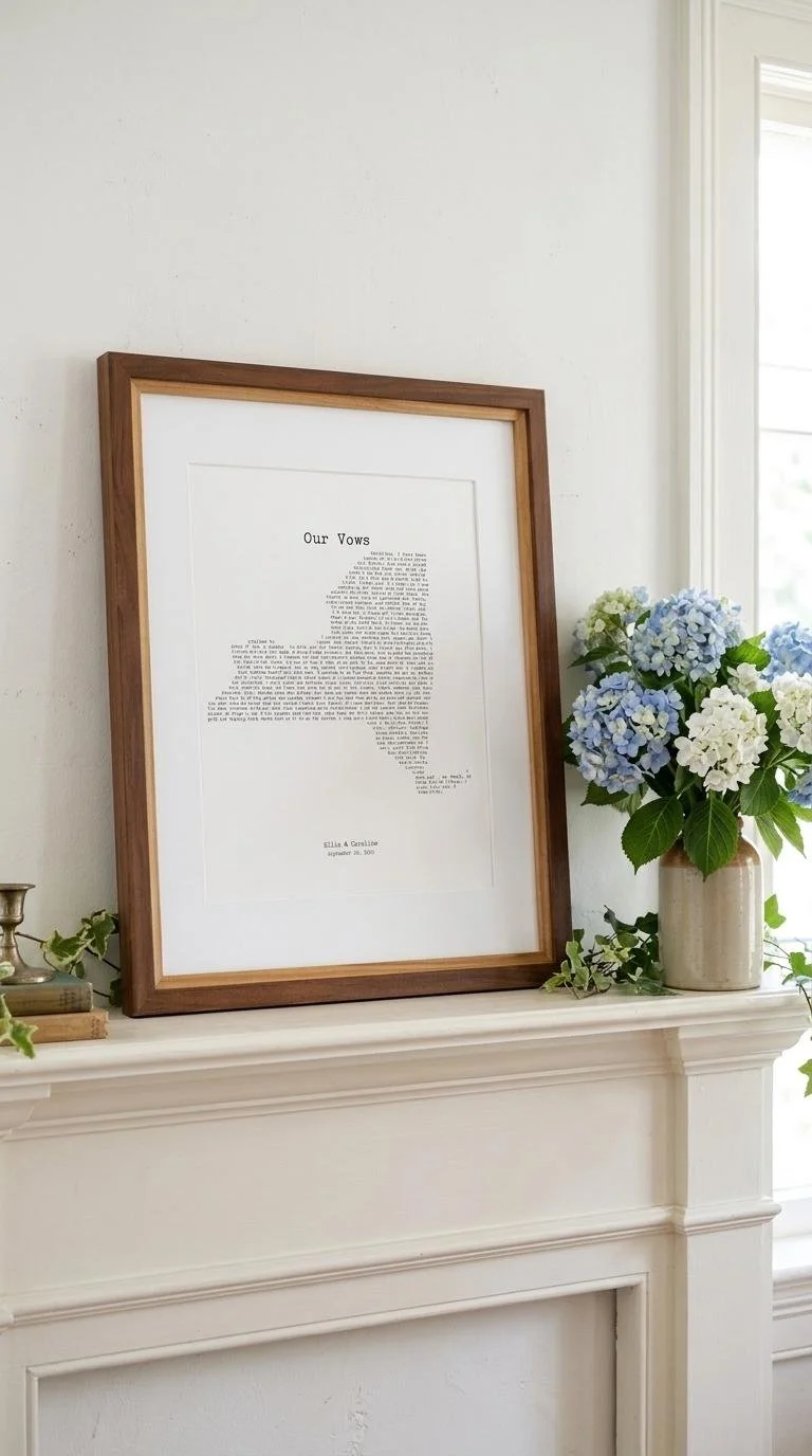 New York state outline wedding vows print in a walnut frame on a white mantel with blue hydrangeas