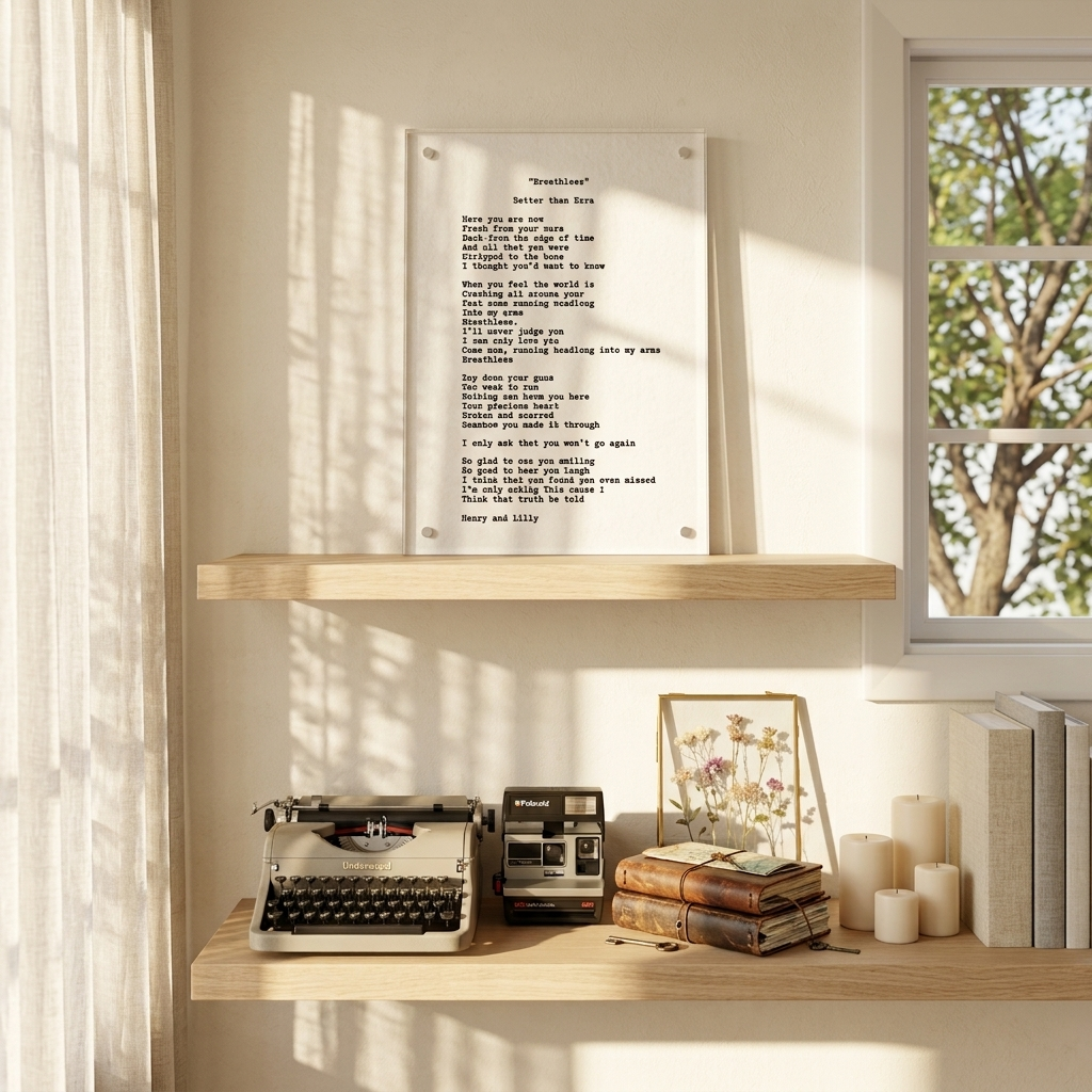 Custom typed letter on cotton paper in acrylic frame with vintage typewriter on shelf
