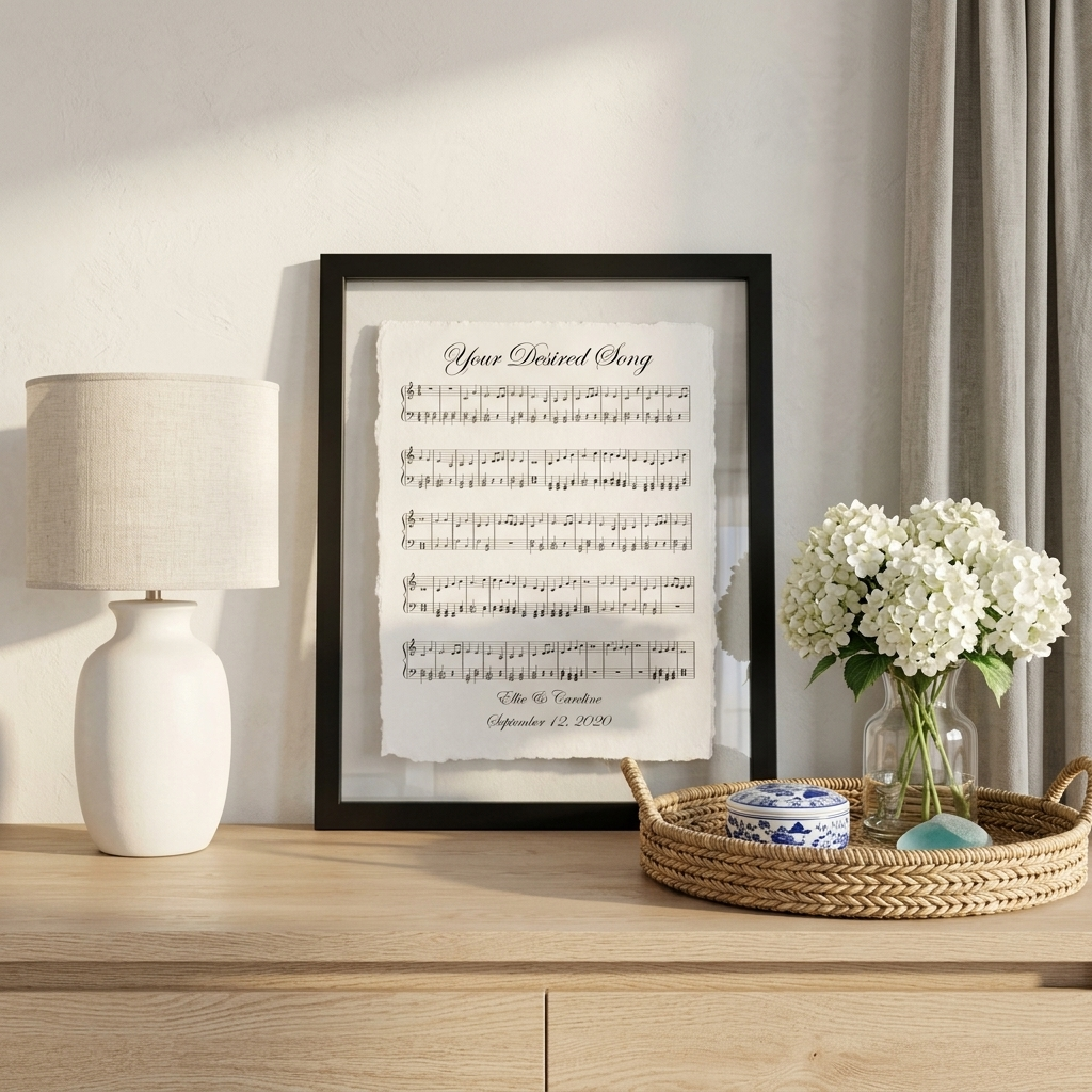 Custom first dance song sheet music art on handmade cotton paper display