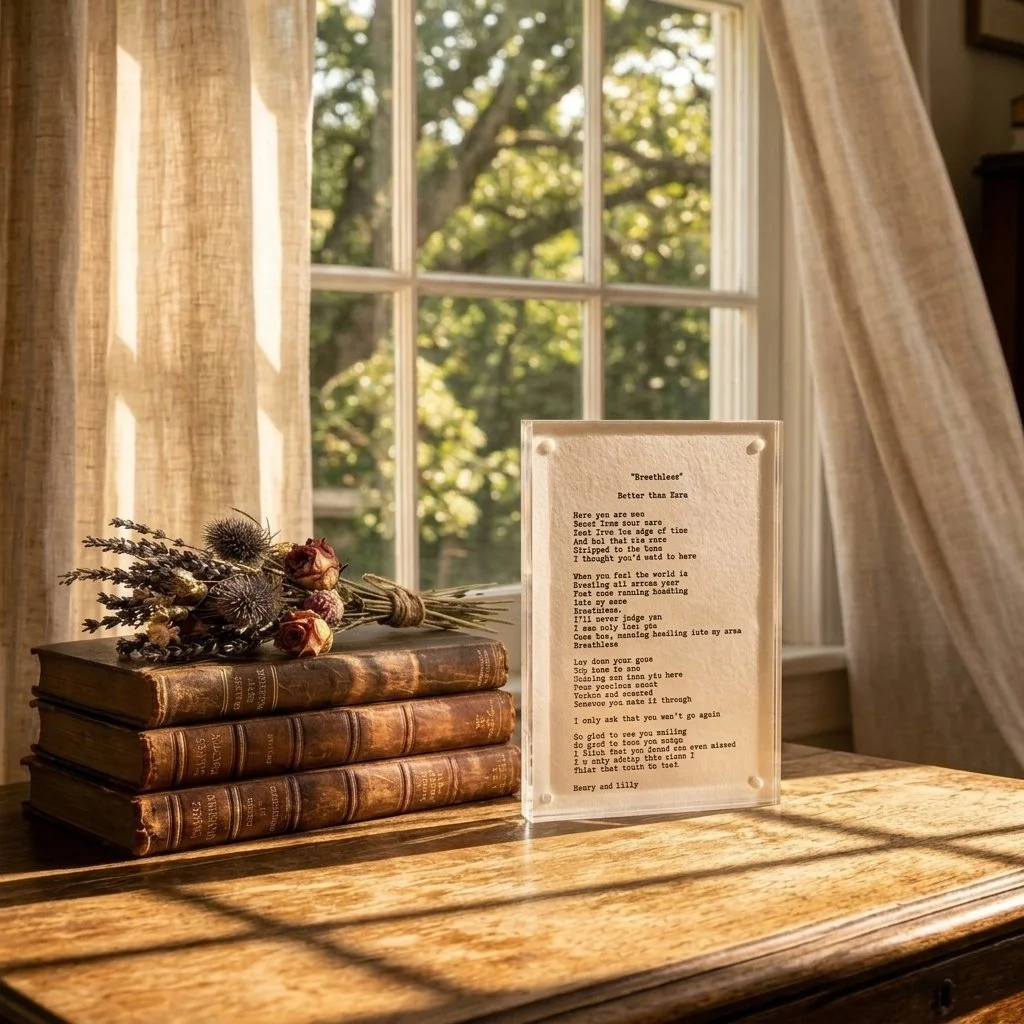 Typed personal note on handmade cotton paper resting on antique books by a window