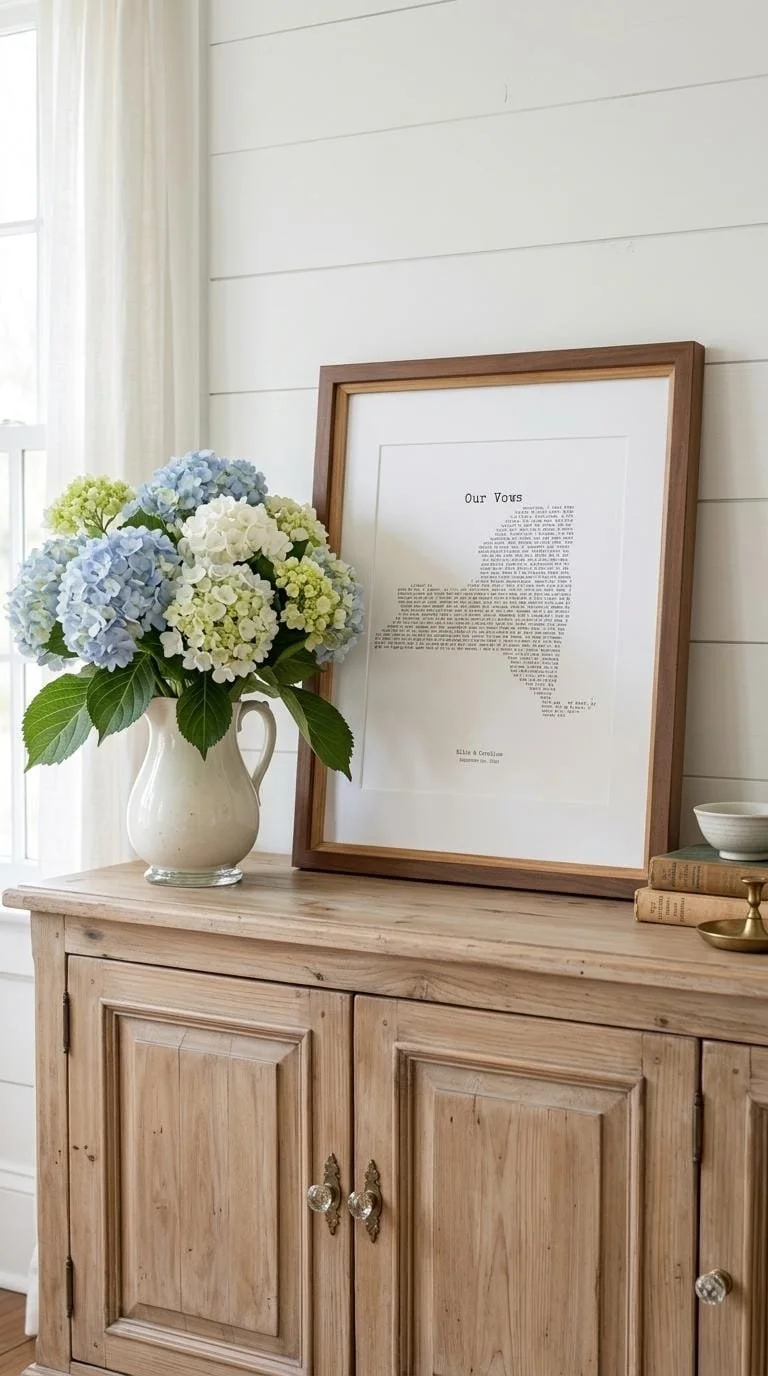 Framed state wedding vows print in walnut on a rustic wood cabinet beside blue hydrangeas