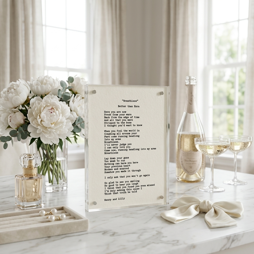 Hand typed letter on 5x7 deckled edge cotton paper with white flowers and champagne