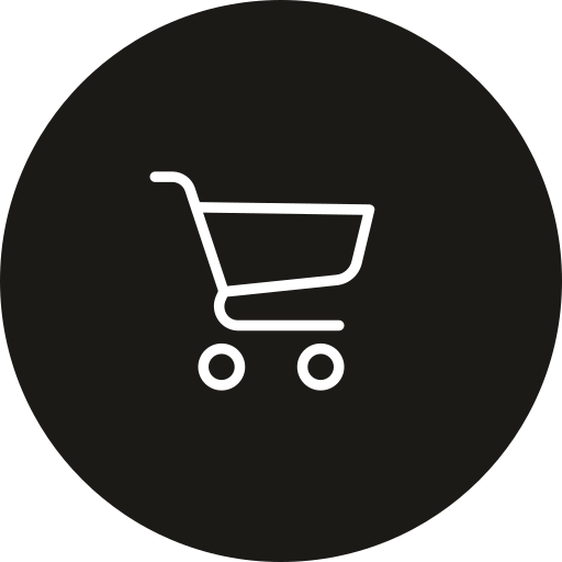 Shopping cart icon on a black circular background.