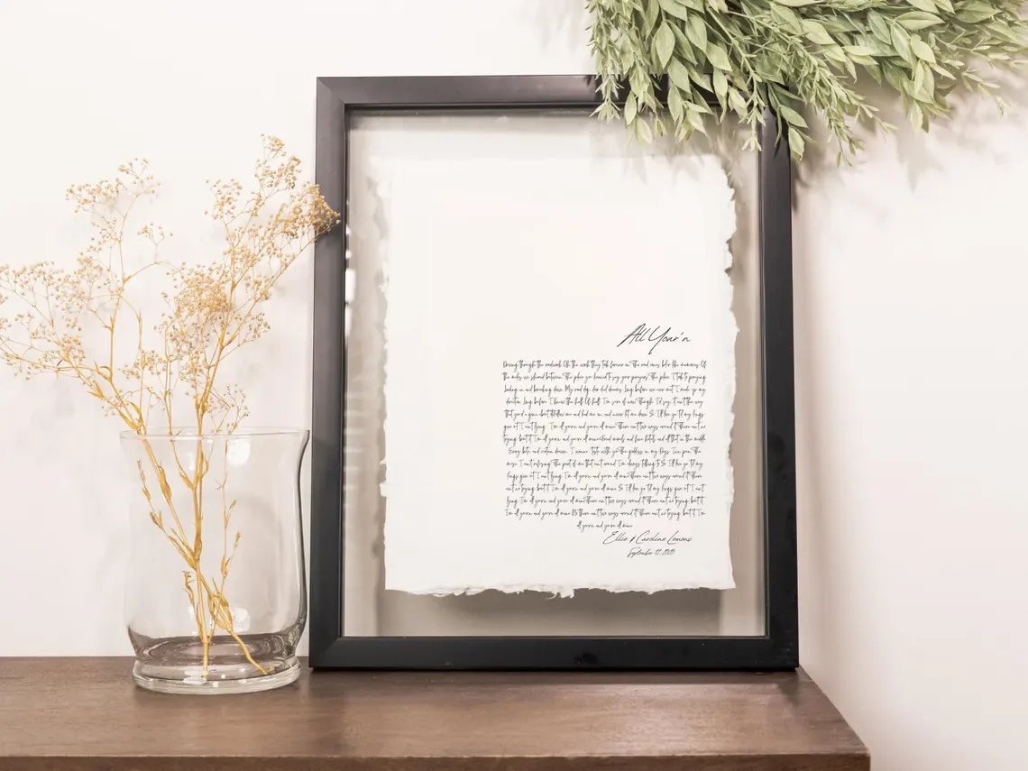 First dance song lyrics hand-typed on 100% cotton paper in a black walnut frame — personalized 2nd anniversary gift, handmade in Charleston SC by All Things Cotton Paper