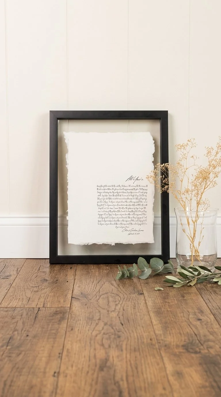 Handmade cotton paper first dance lyrics print with deckled edges in black frame - custom wedding song anniversary art