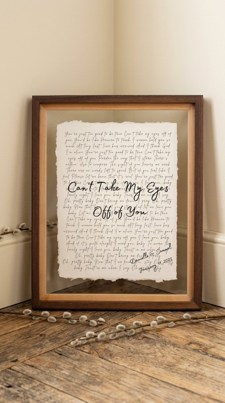 Custom first dance lyrics on handmade cotton paper in a walnut float frame leaning against wall with dried flowers - anniversary keepsake