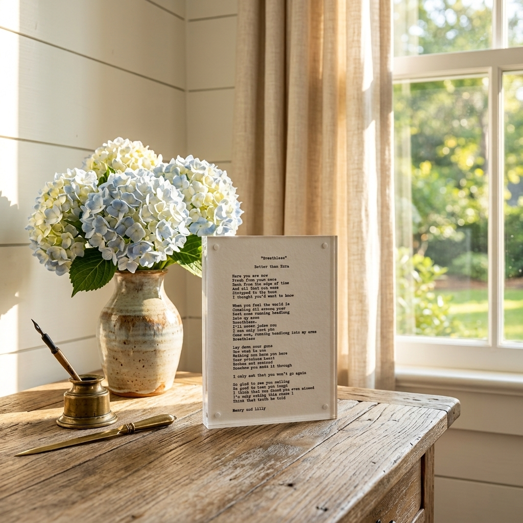 Hand typed note on 5x7 cotton paper on a farmhouse table with blue hydrangeas