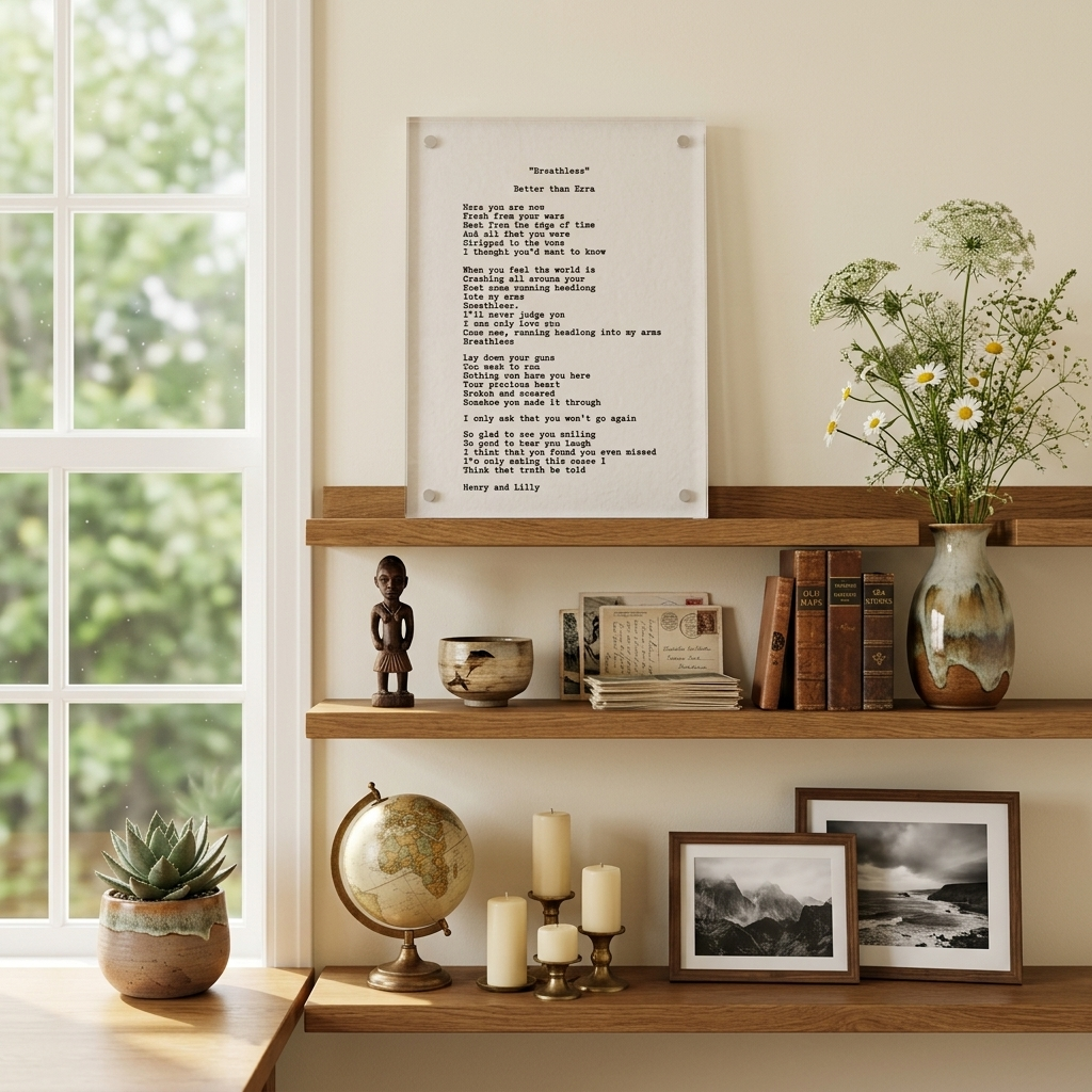 Hand typed note in clear acrylic frame on a wooden shelf beside a bright window