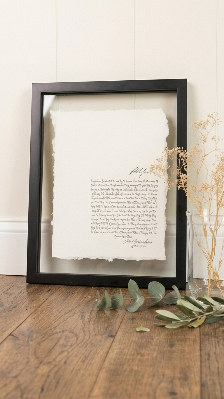 Close-up of handmade cotton paper with custom first dance song lyrics and natural deckled edges - wedding anniversary keepsake