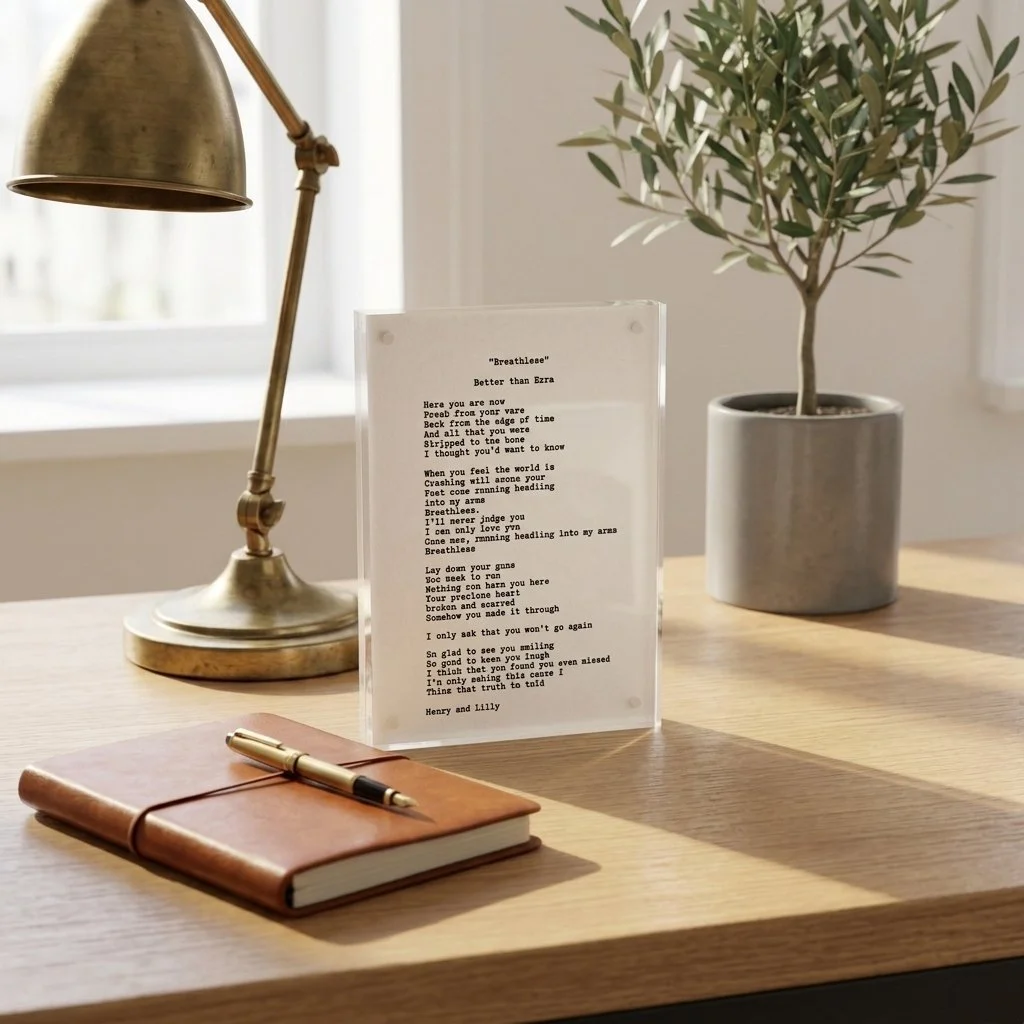 Hand typed thinking of you note on handmade cotton paper on a desk with brass lamp and olive plant