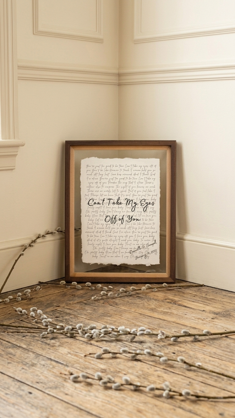 First dance song lyrics on cotton paper in a walnut float frame in a home corner with white walls - 1st anniversary gift