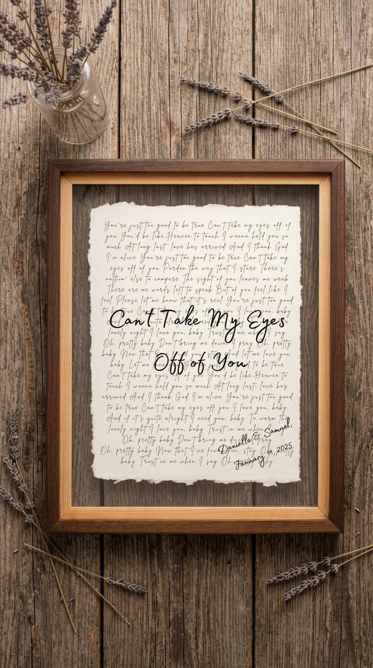 Personalized first dance song lyrics crafted on handmade cotton paper in a walnut float frame on rustic dark wood - cotton anniversary gift