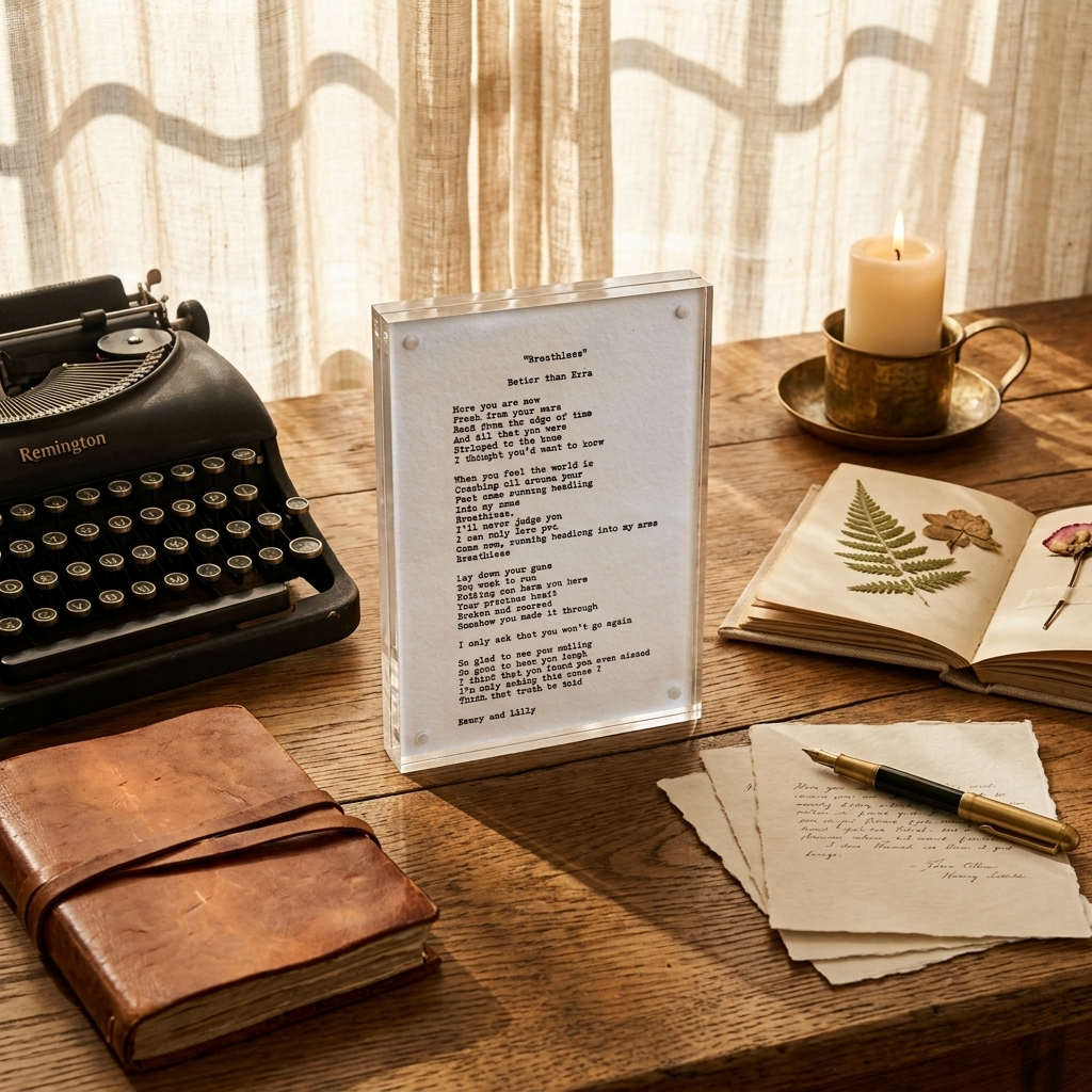 Custom hand typed letter on cotton paper on a writing desk with vintage typewriter