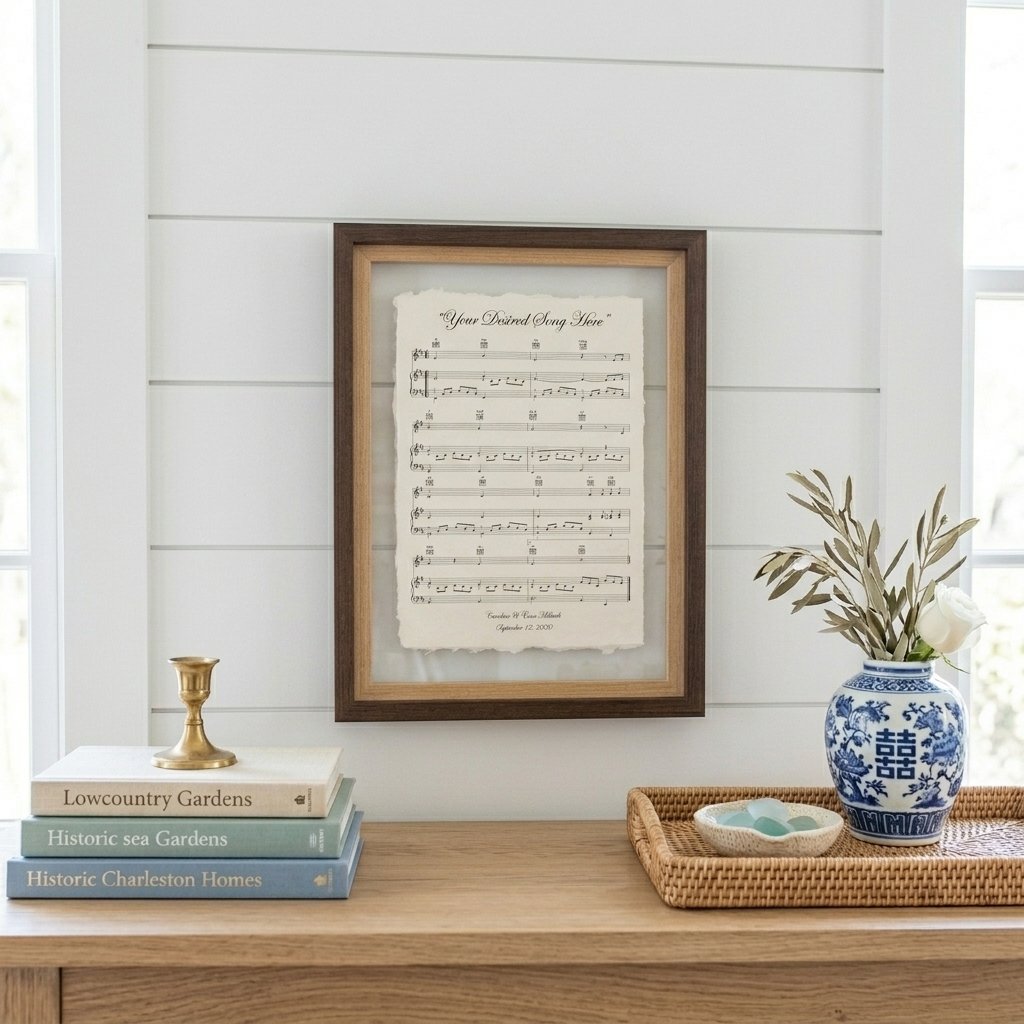 Custom first dance sheet music on cotton paper in a natural frame with green plants - 1st cotton anniversary art