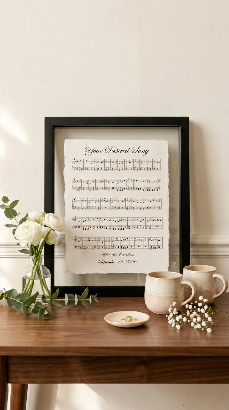 Close-up detail of first dance sheet music handwritten on cotton paper in a black frame with white flowers - anniversary gift