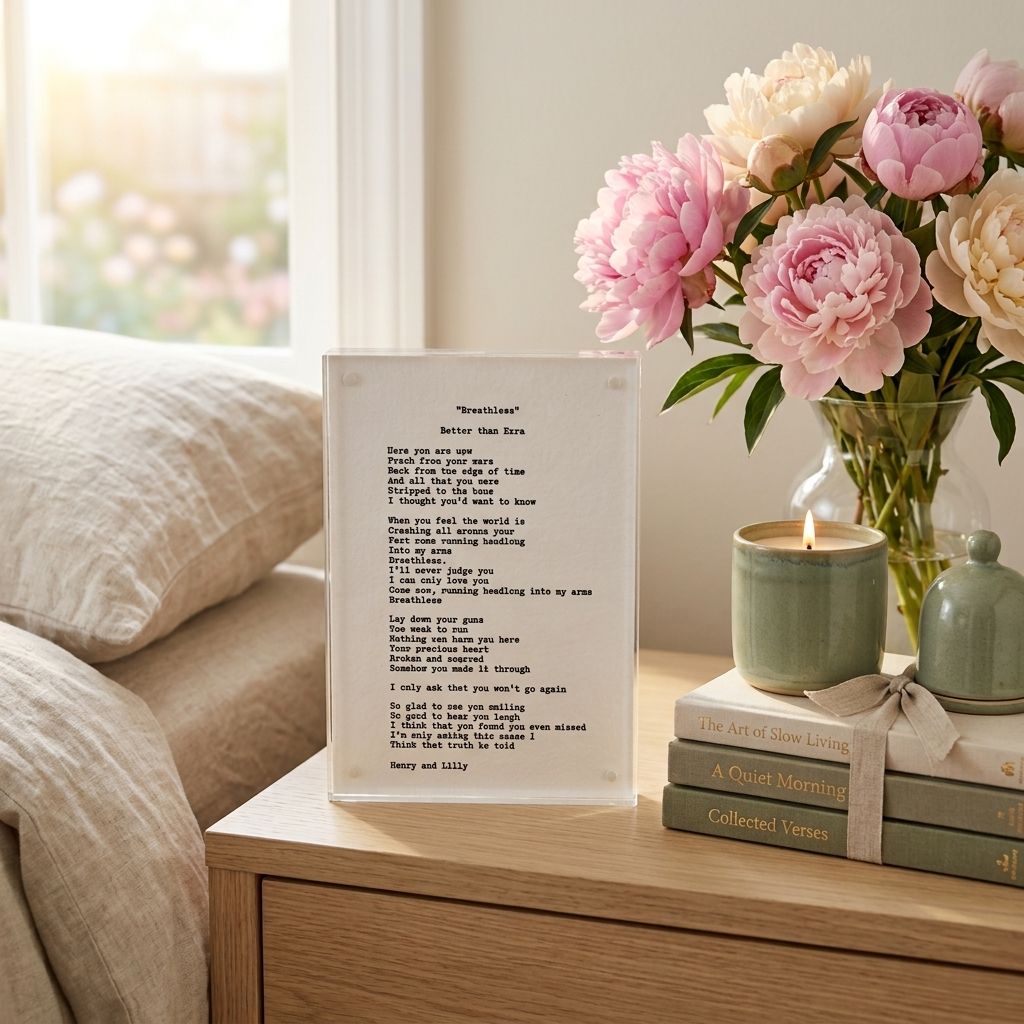 Hand typed keepsake note on cotton paper with pink peonies and a lit candle