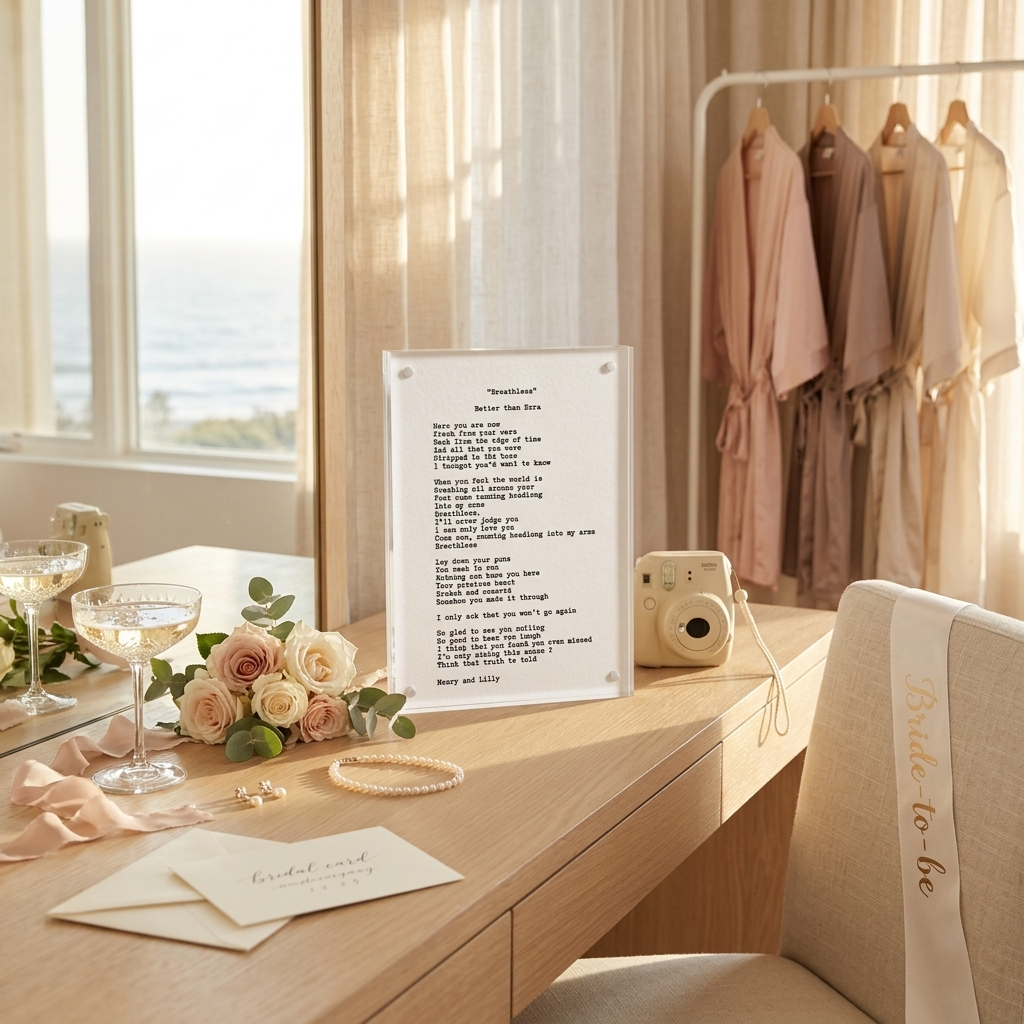 Custom typed note on handmade cotton paper on a dressing table by a coastal window