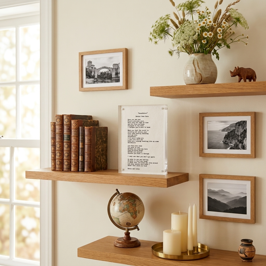Hand typed personal note on 5x7 cotton paper on a shelf with candles and vintage books