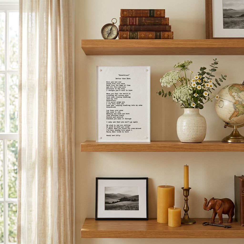 Hand typed personal note on 5x7 cotton paper on a shelf with candles and flowers