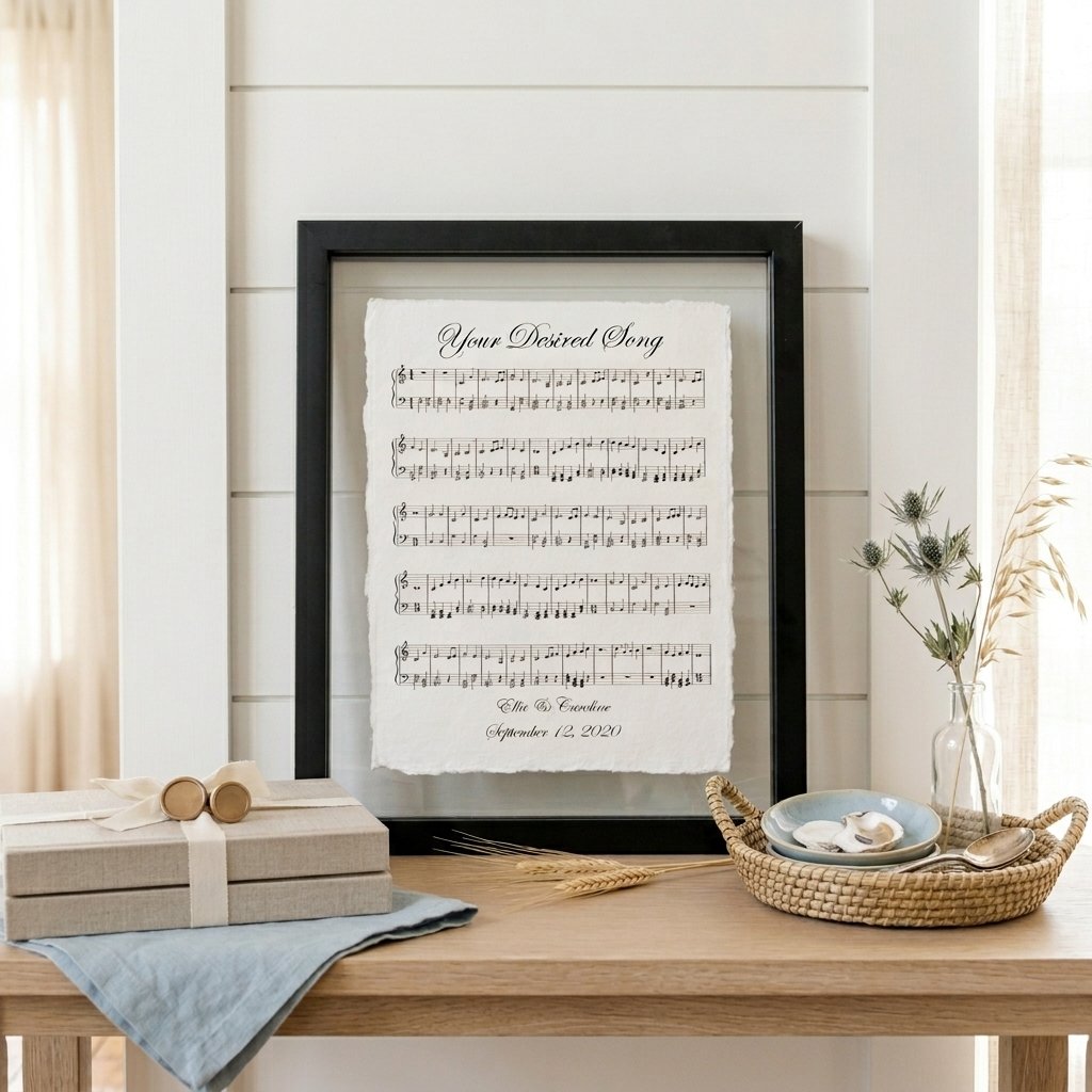 First dance sheet music art in a black float frame with clean minimal background - personalized cotton anniversary gift
