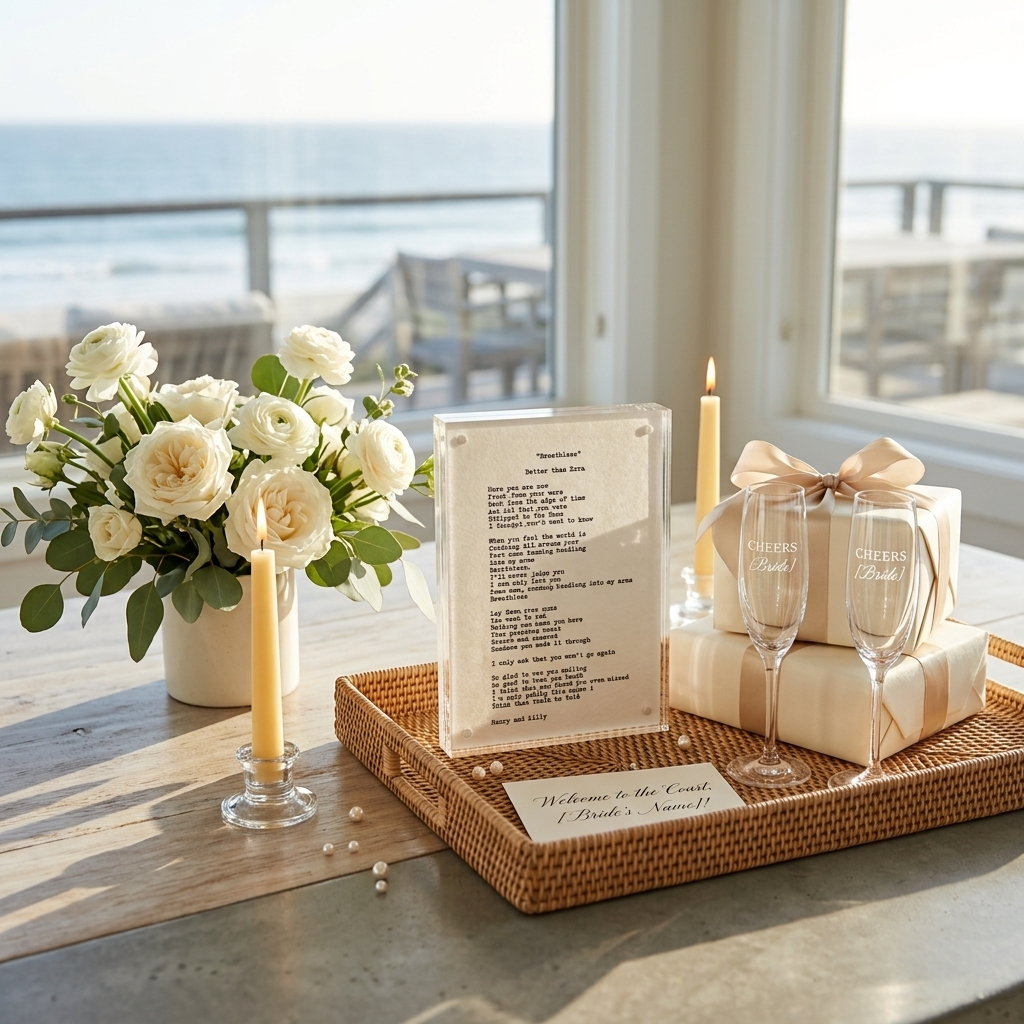 Personalized hand typed note on cotton paper on a serving tray with white roses and candles