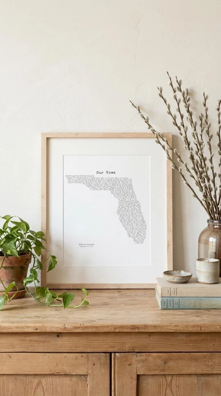 Framed Florida wedding vows print with white mat on a rustic wood console beside willow branches