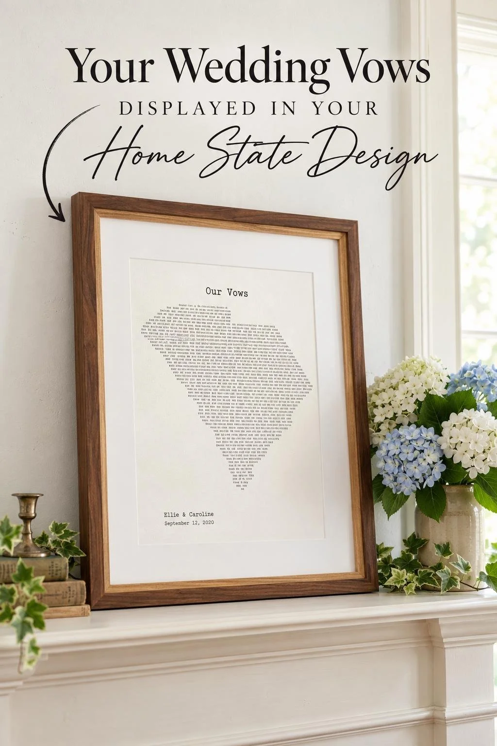 Personalized wedding vows typed in the shape of South Carolina in a walnut frame on a white mantel