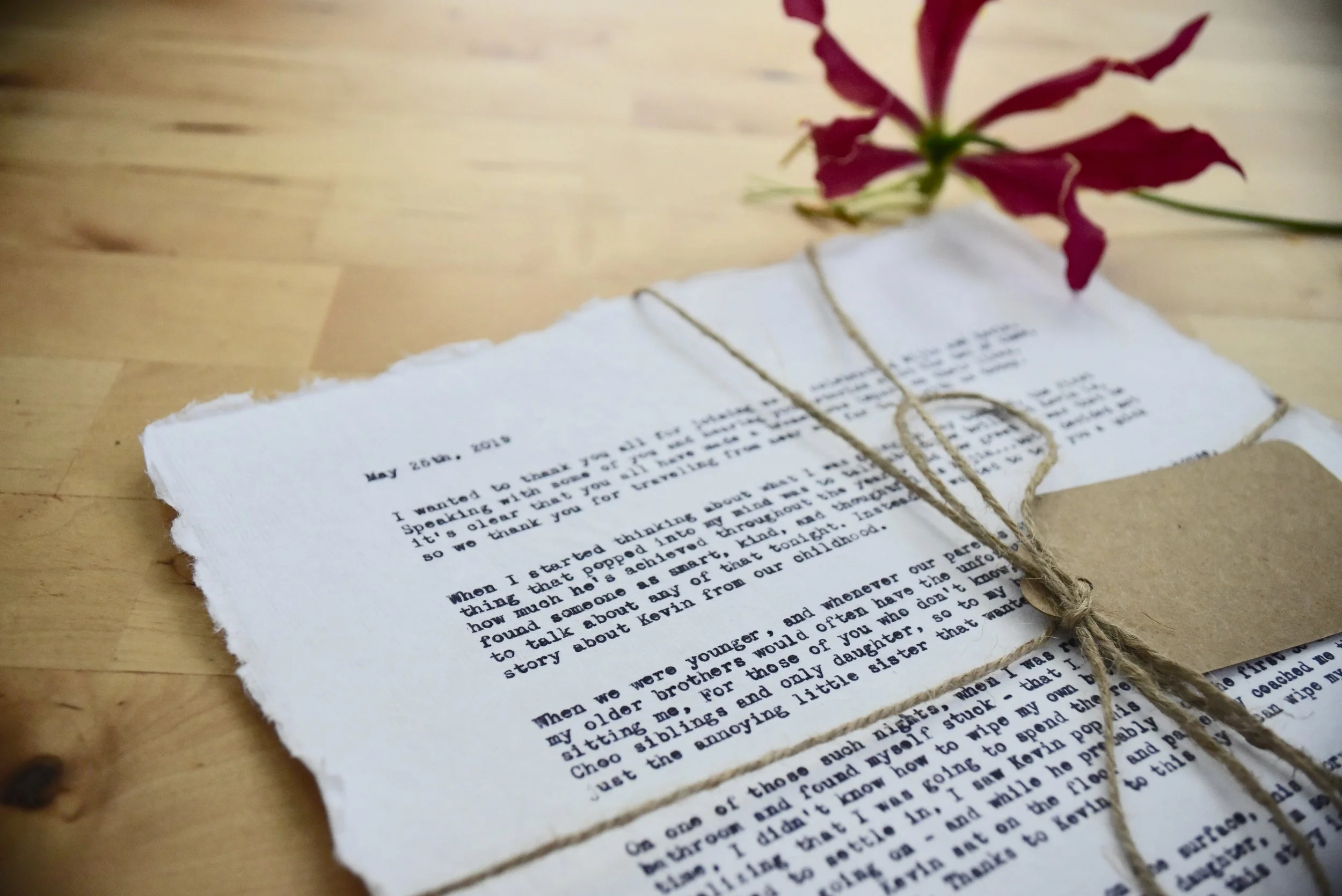 Hand typed wedding vows on handmade cotton deckle paper tied with twine - unique personalized anniversary keepsake gift
