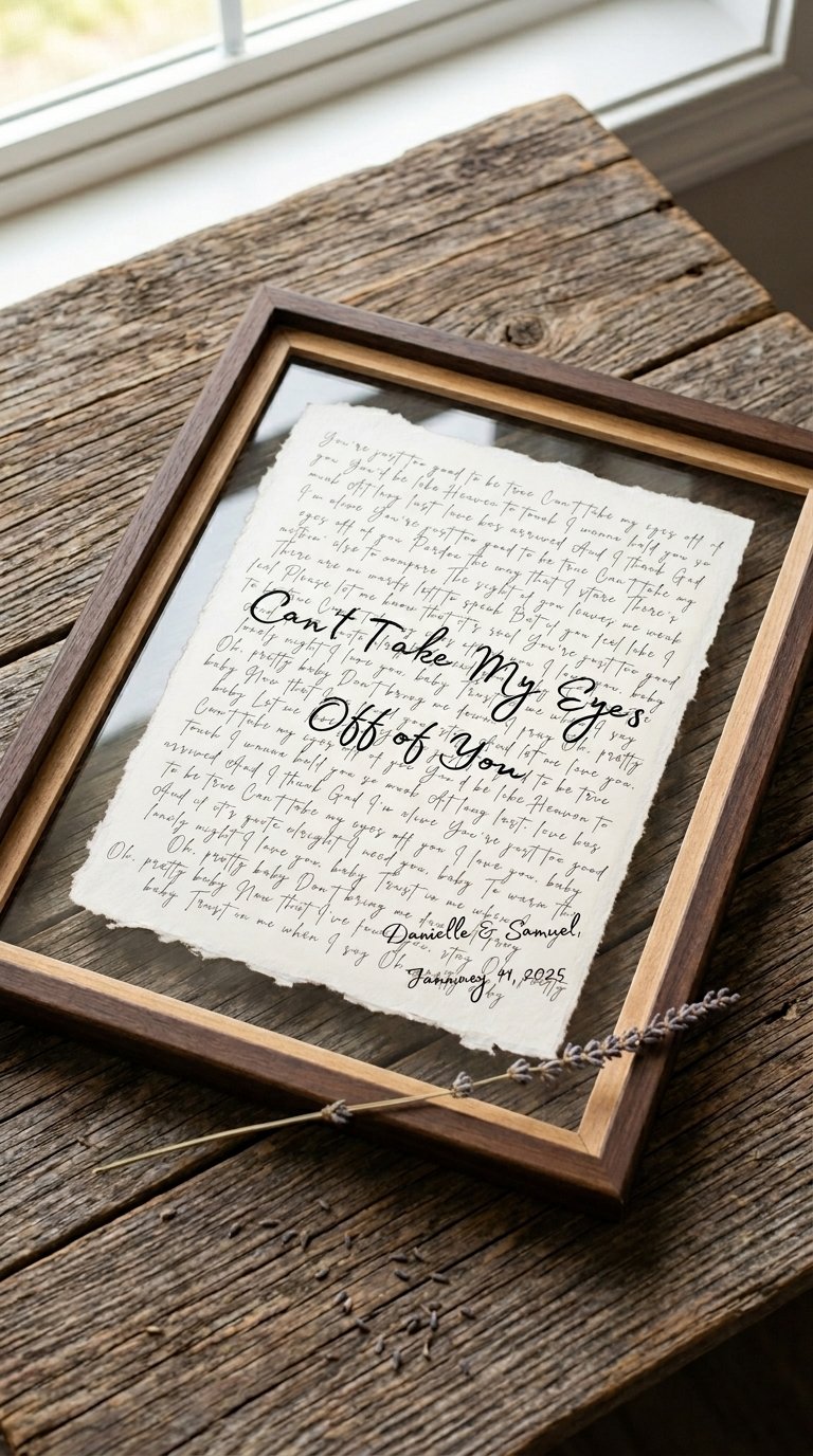 First dance song lyrics crafted on handmade cotton paper in a walnut float frame - flat lay overhead view, custom 1st cotton anniversary gift