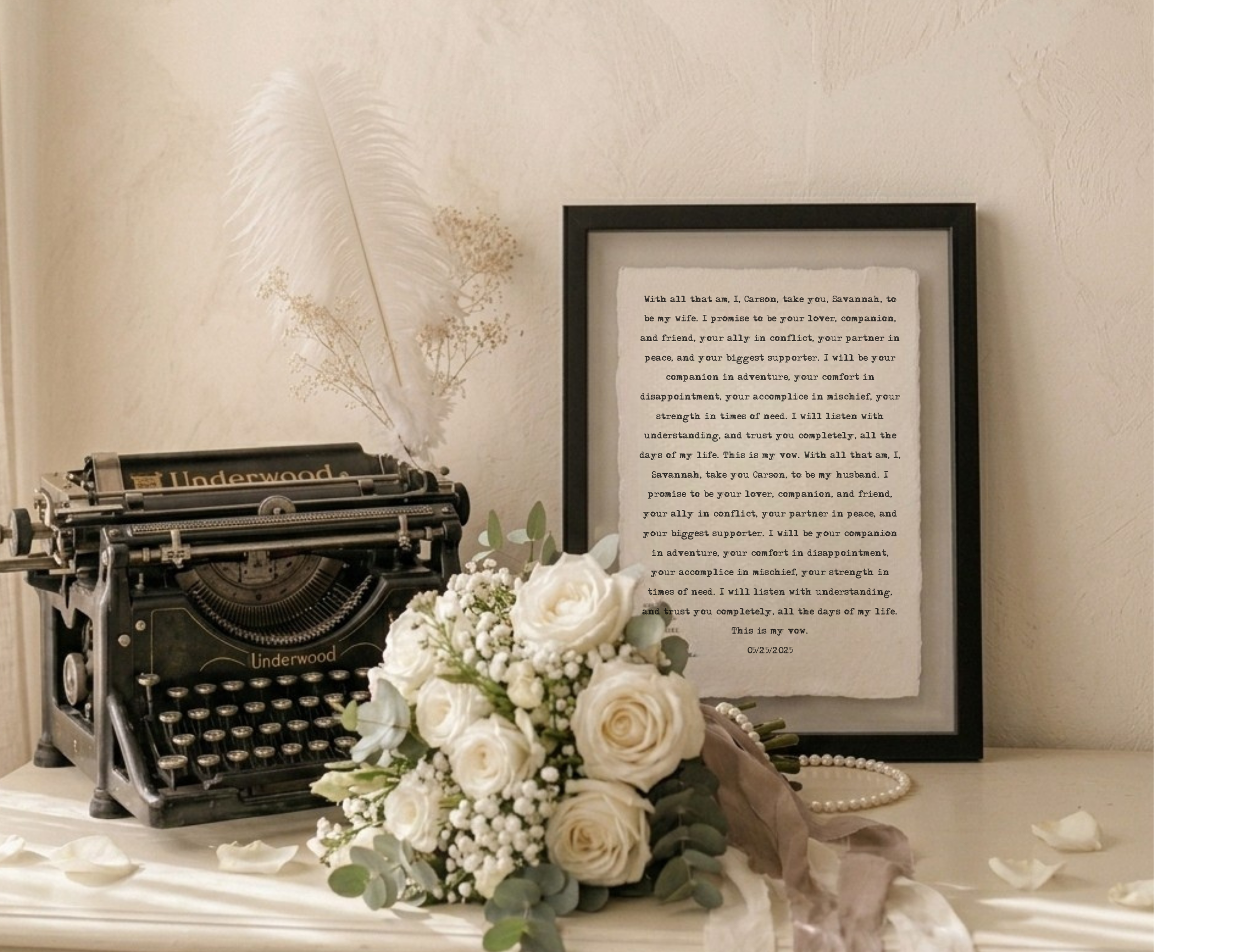 Custom wedding vow print in black frame with white roses and vintage Underwood typewriter - hand typed anniversary gift on cotton paper