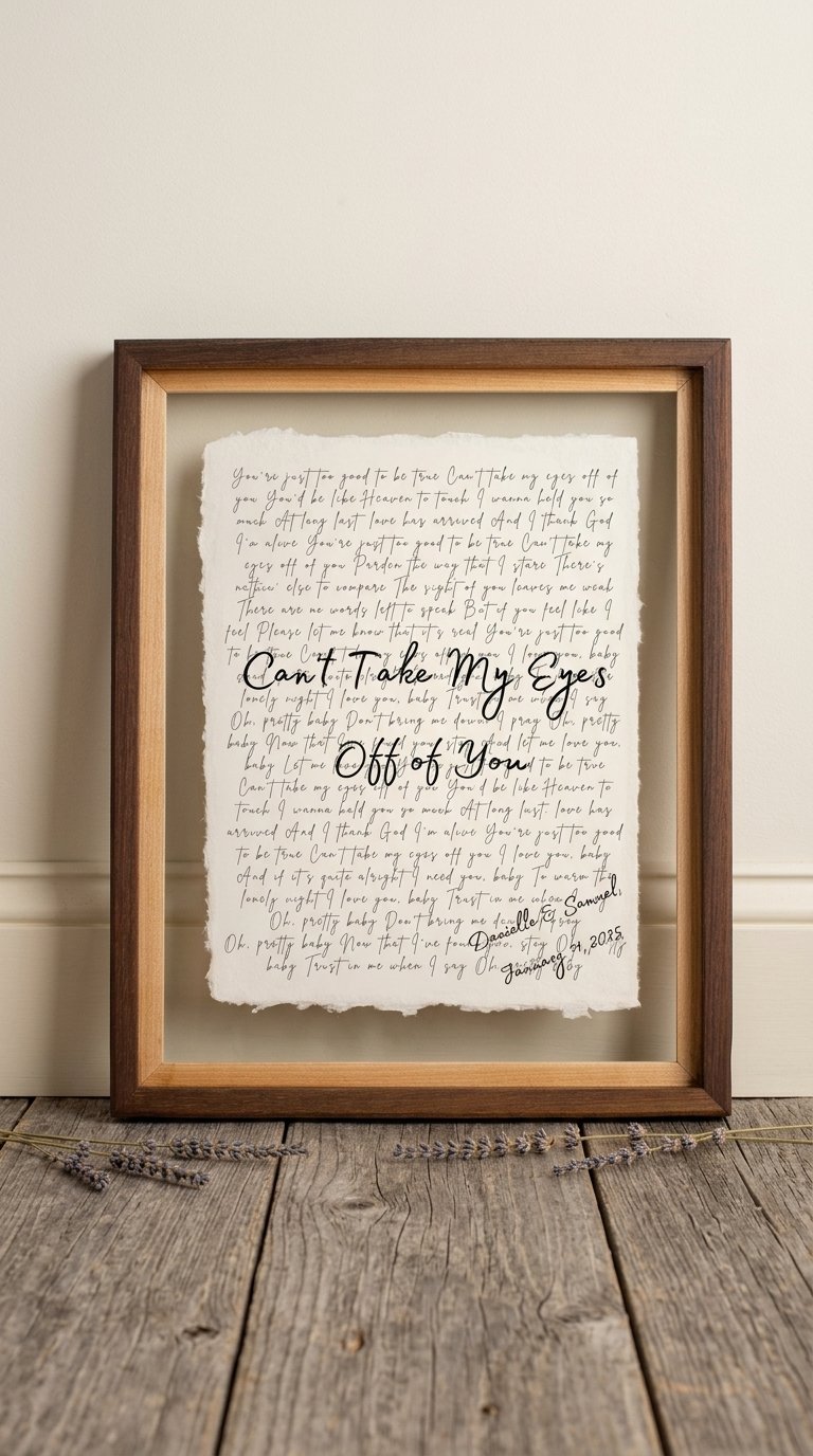 Custom first dance song lyrics on handmade cotton paper in a walnut wood float frame - personalized anniversary art print