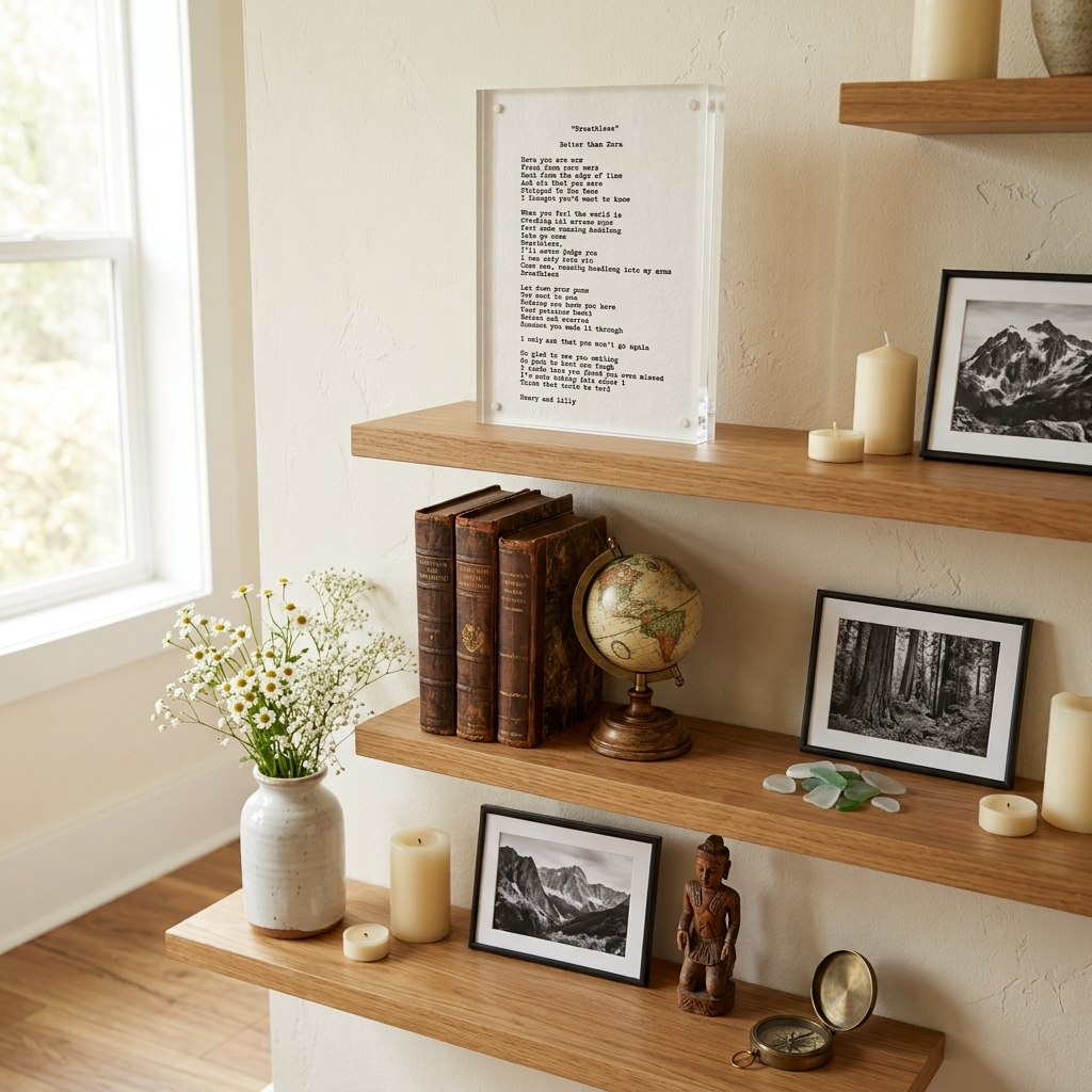 Personalized typed letter on handmade cotton paper displayed with black and white framed photos