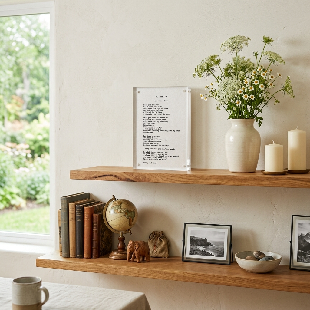 Hand typed personal note on 5x7 handmade cotton paper displayed on a wooden shelf with books and candles