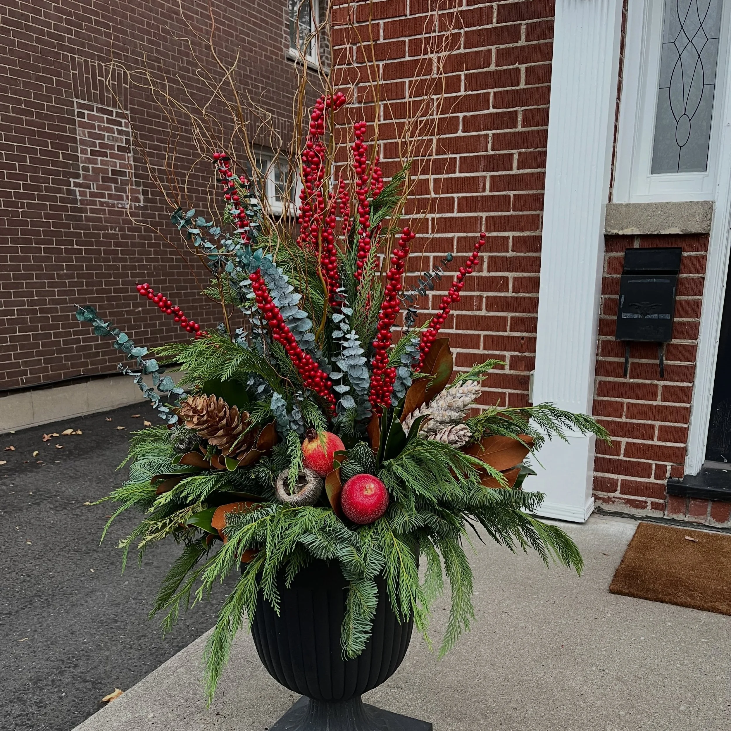 Winter Planters are definitely an exciting time of year for me! Here are some examples of the Classic Planter Designs - they include premium fresh greenery, natural elements such as curly willow, magnolia leaves, or preserved eucalyptus and accented 