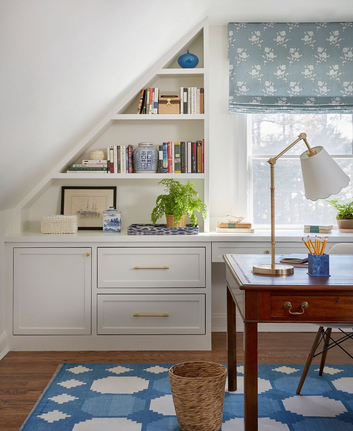 It&rsquo;s back to school for the kiddos! I realized that I never posted this image of the sweet office from our Quogue project. We designed built in shelving and storage to fit under the eaves and found an antique double desk for the clients to work