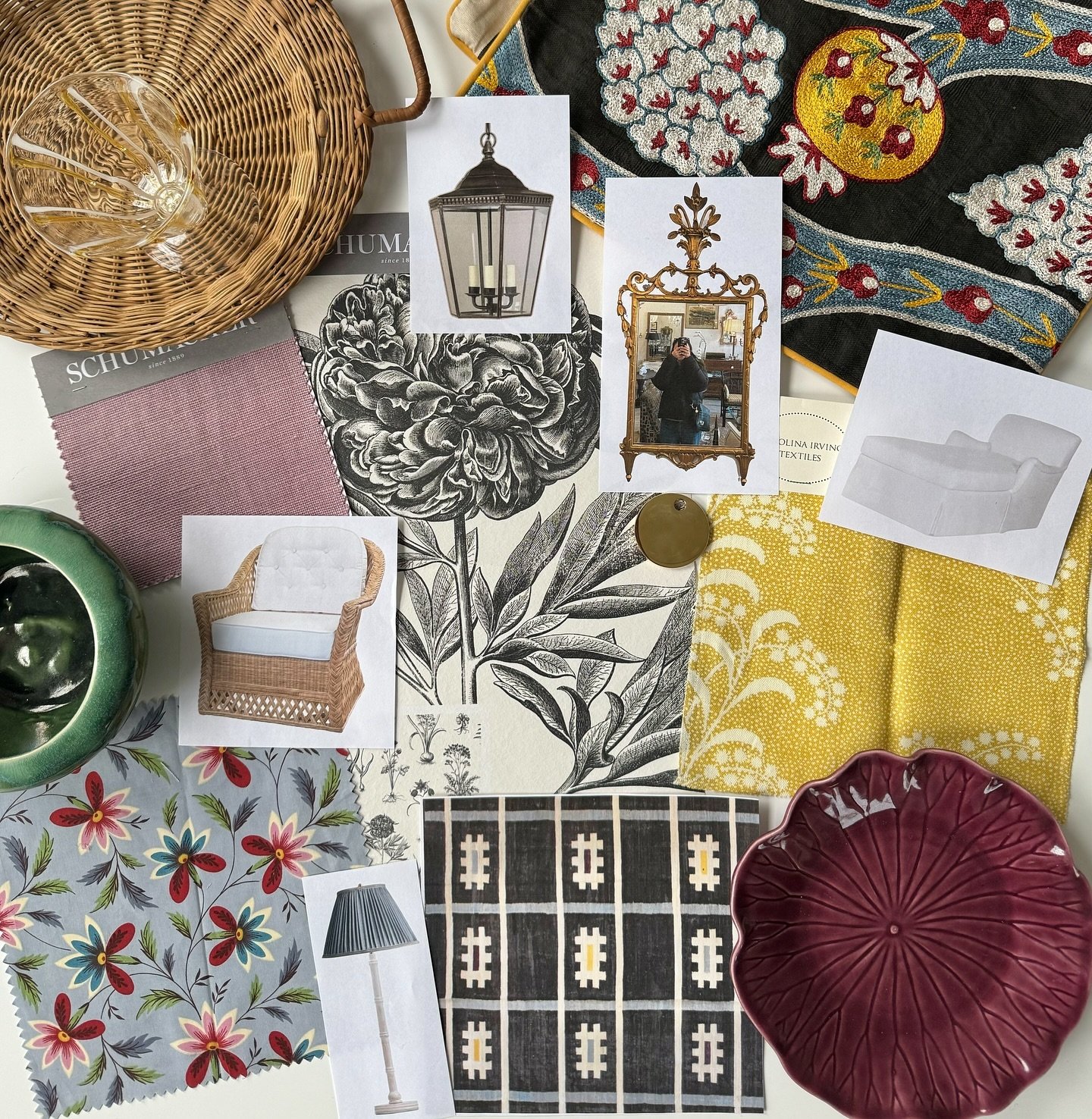 It&rsquo;s T-7 until install day for @hwdesignonadime! I&rsquo;m excited to share the mood board for my vignette, which started with this modern botanical wallpaper generously donated by @schumacher1889. The Scandinavian flat weave rug from @landryan