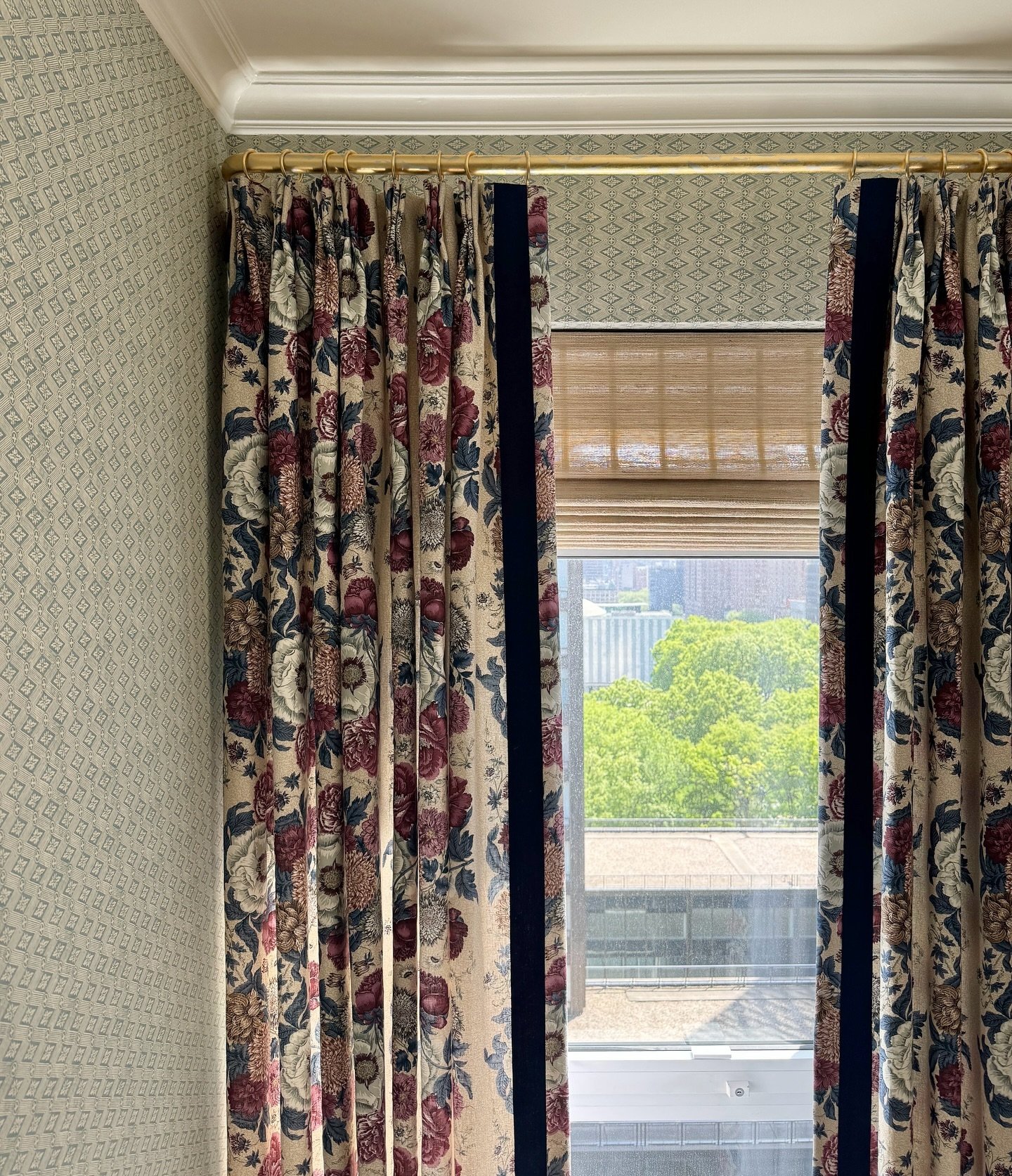 Detail from our window treatment install yesterday. I just love this color palette &mdash; happy but sophisticated! Can&rsquo;t wait to install the rest of this bedroom and home for these wonderful clients.