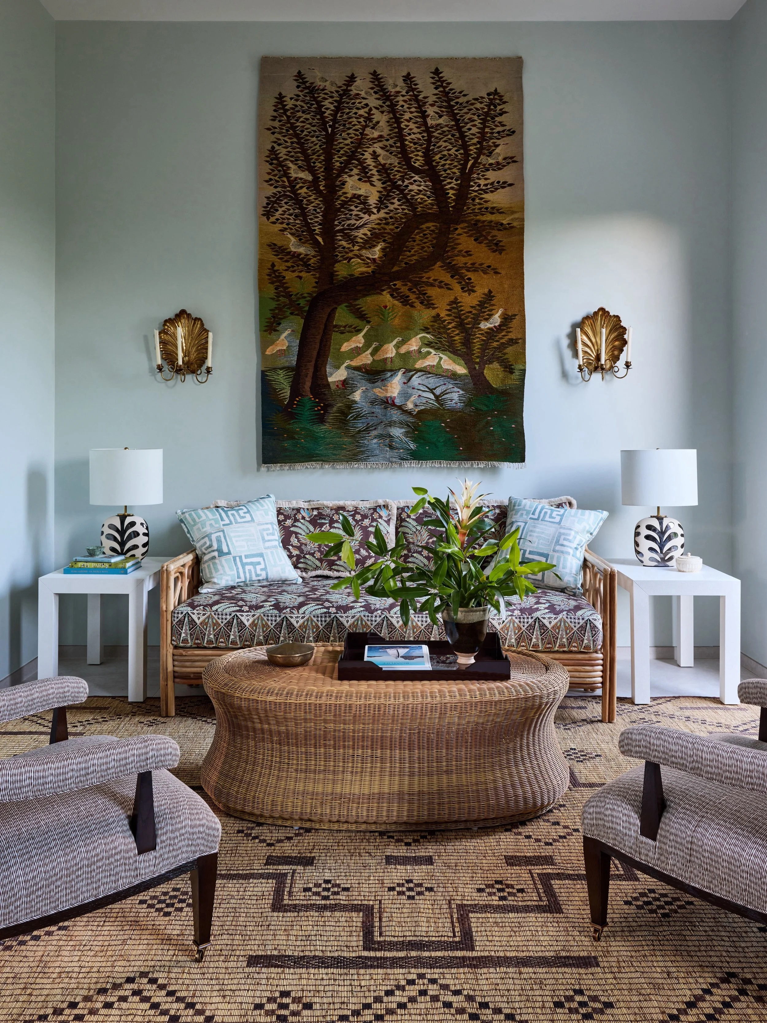 The office turned out to be my favorite room in our Turks &amp; Caicos project. The vintage tapestry made in the style of the Egyptian Ramses Wissa Wassef school was gifted by the clients&rsquo; friend in remembrance of a safari they went on together