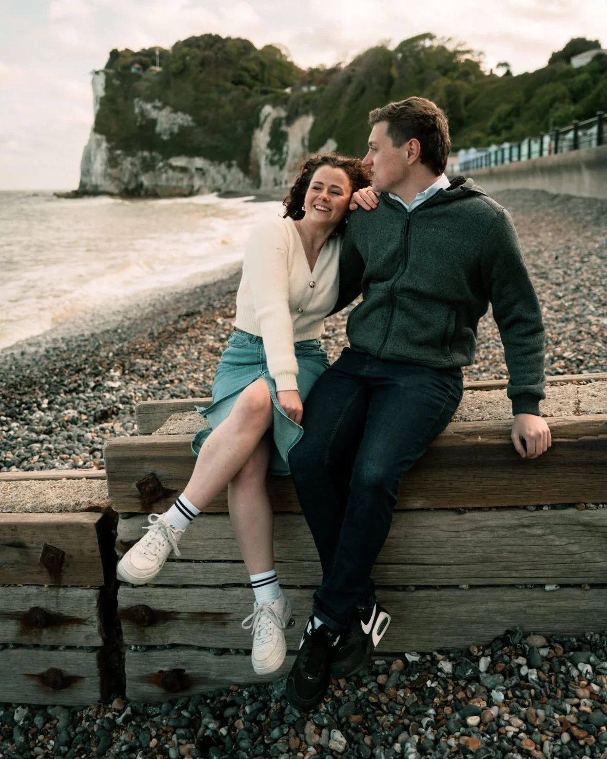 A couple celebrate their engagement at St Margarets Bay, Dover