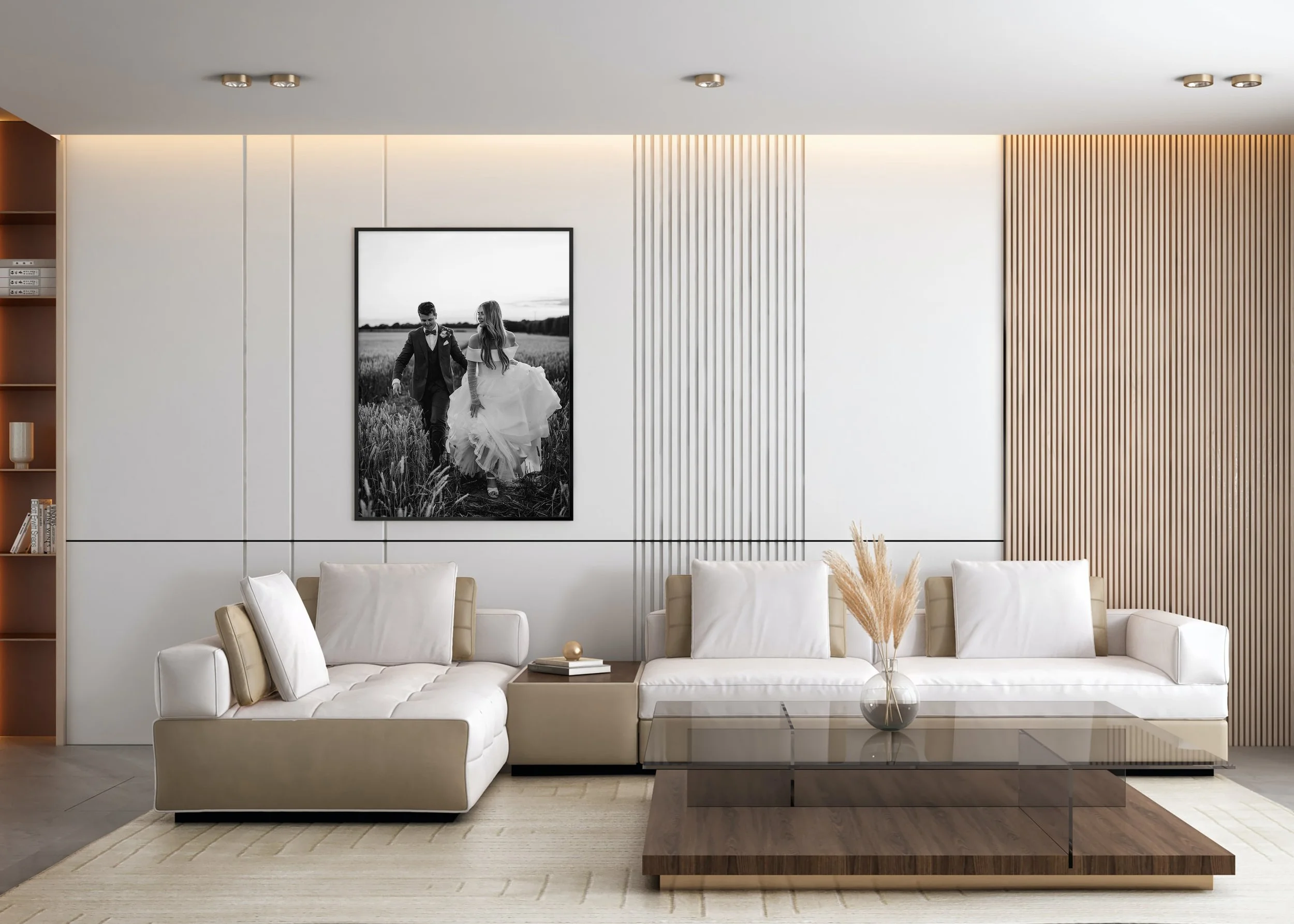 Documentary wedding photography hung up in a home in Kent