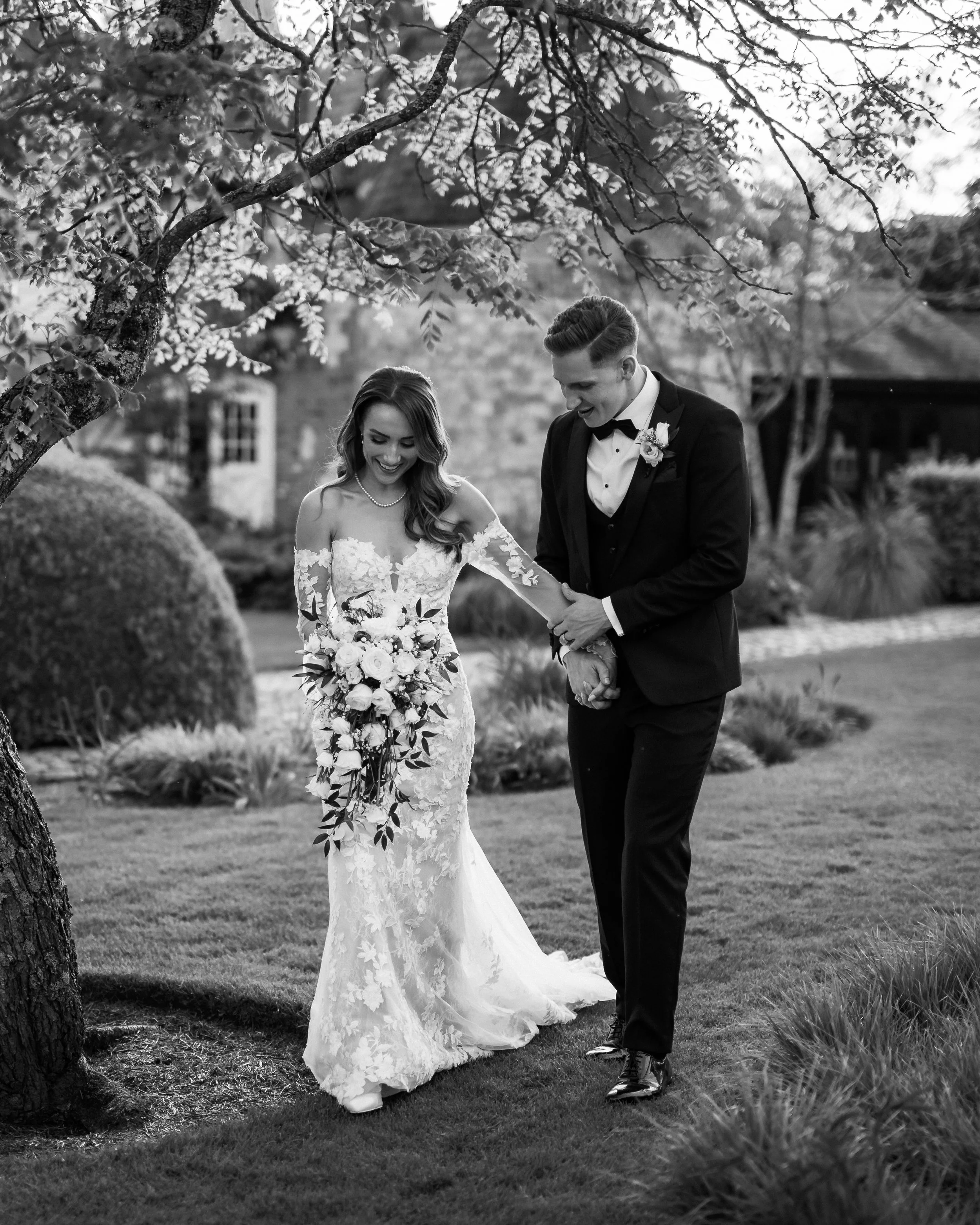 Newlywed husband and wife take a walk on their wedding day