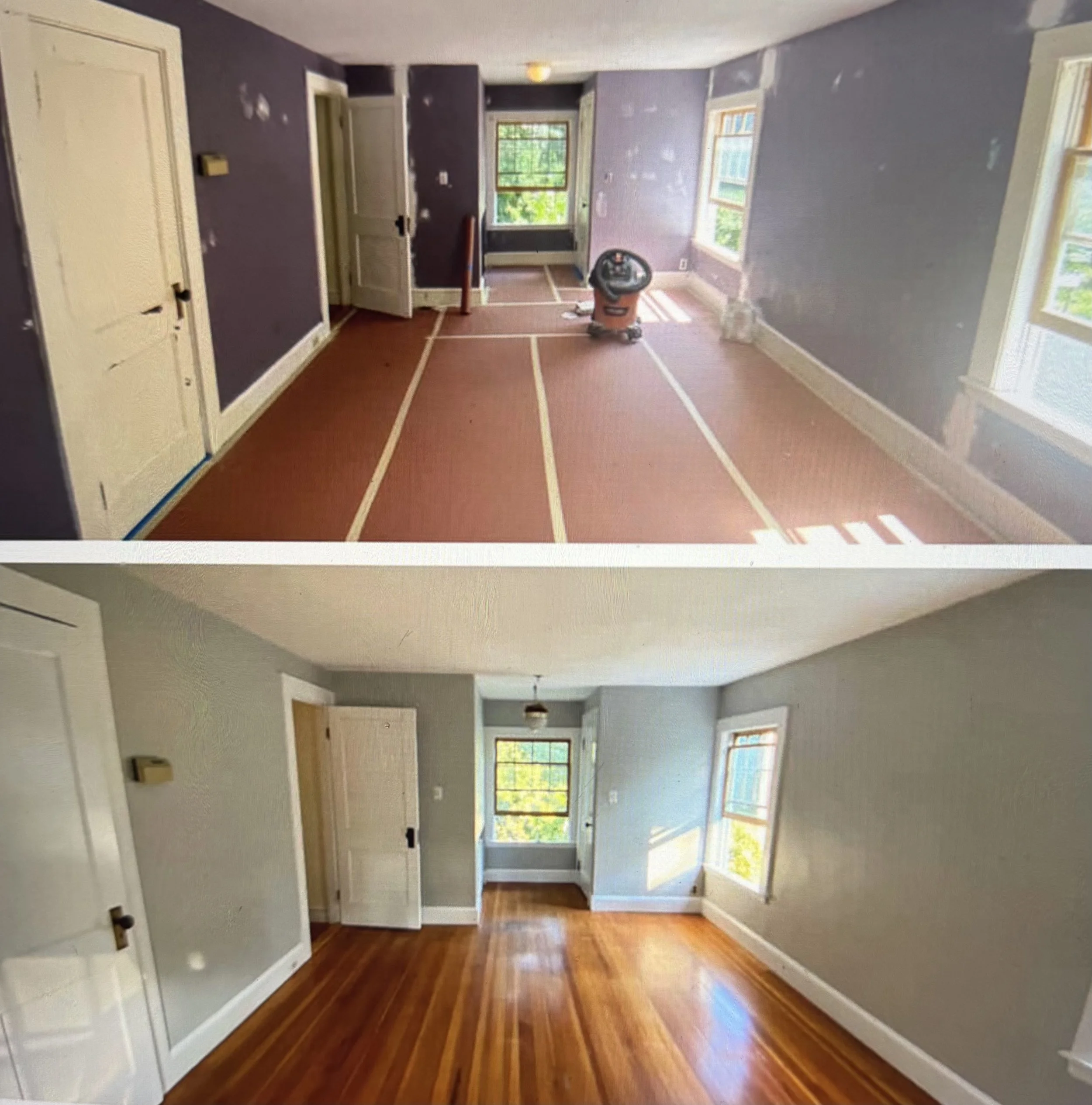 Comparison of a room before and after renovation. The top image shows an unfinished room with purple walls, patchy paint, and exposed tape on the floor, with a renovation vacuum in the middle and an open door. The bottom image shows the same room after renovation, with new light-colored painted walls, polished hardwood floors, and no visible construction materials.