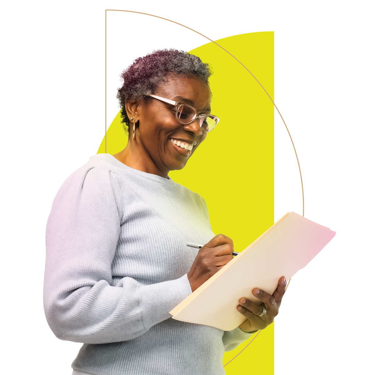 Teacher Rita is a Black woman with kind eyes. She holds a folder and is in front of bright yellow graphic shapes.