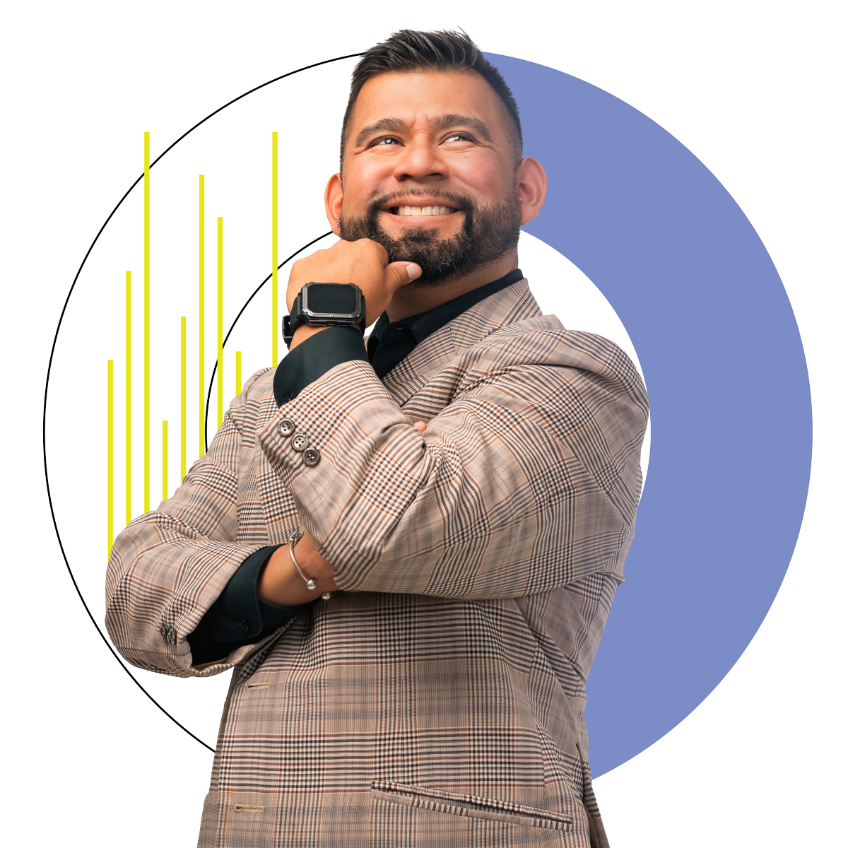 Teacher Jésus stands proudly in front of blue and yellow graphic shapes.
