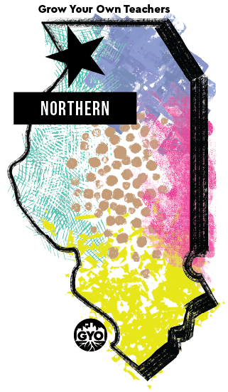 Colorful hand drawn illustration of Illinois with a banner that reads "Northern" with a big black star highlighting the region of the state.